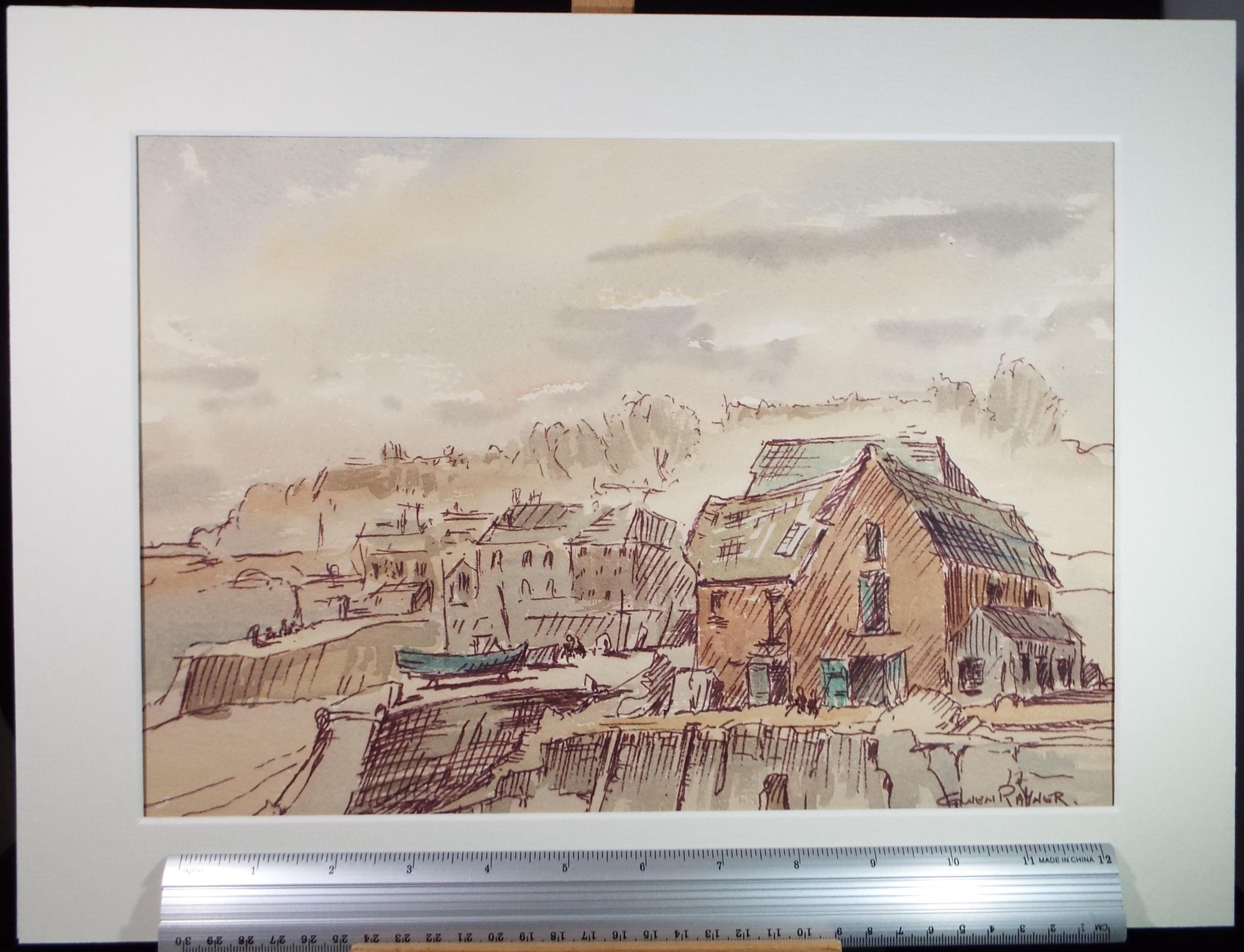 Original Watercolour, 'Fishing Village', Gwen Rayner, c1970's