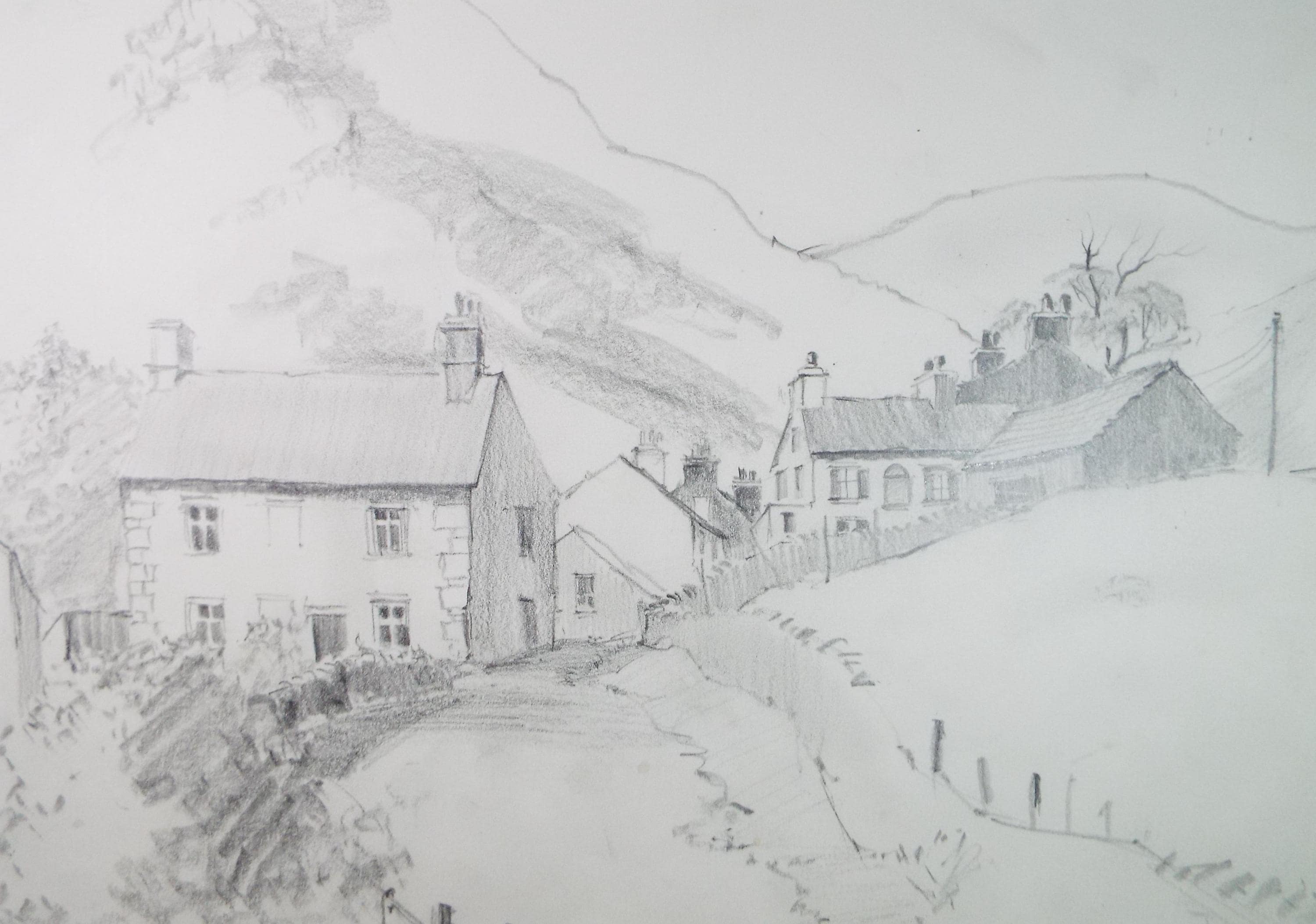 Original Pencil Drawing, 'Hamlet below the mountain', Tom Sykes, Circa 1980's