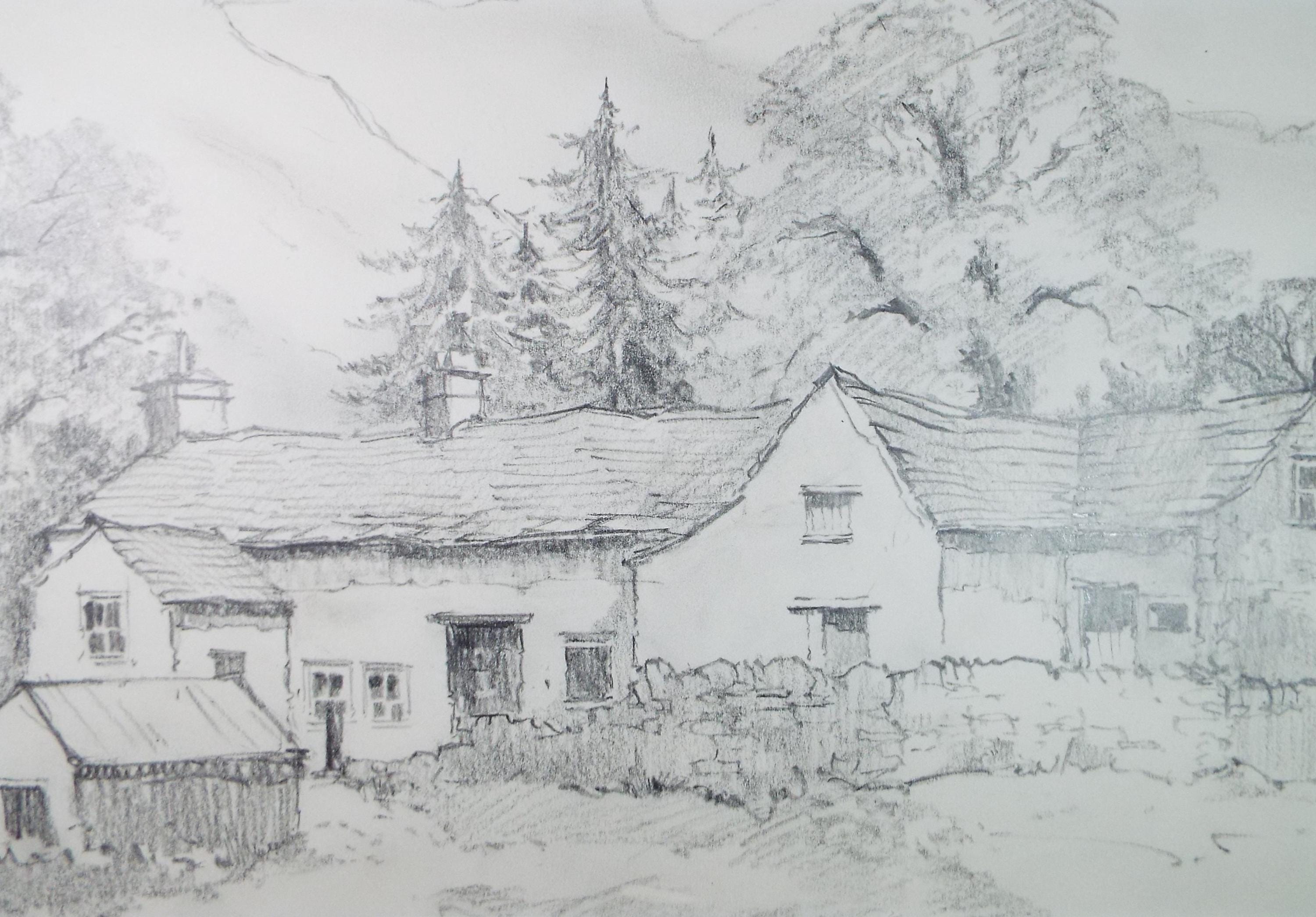 Original Pencil Drawing, 'Farmhouse below the Mountain', Tom Sykes, Circa 1980's