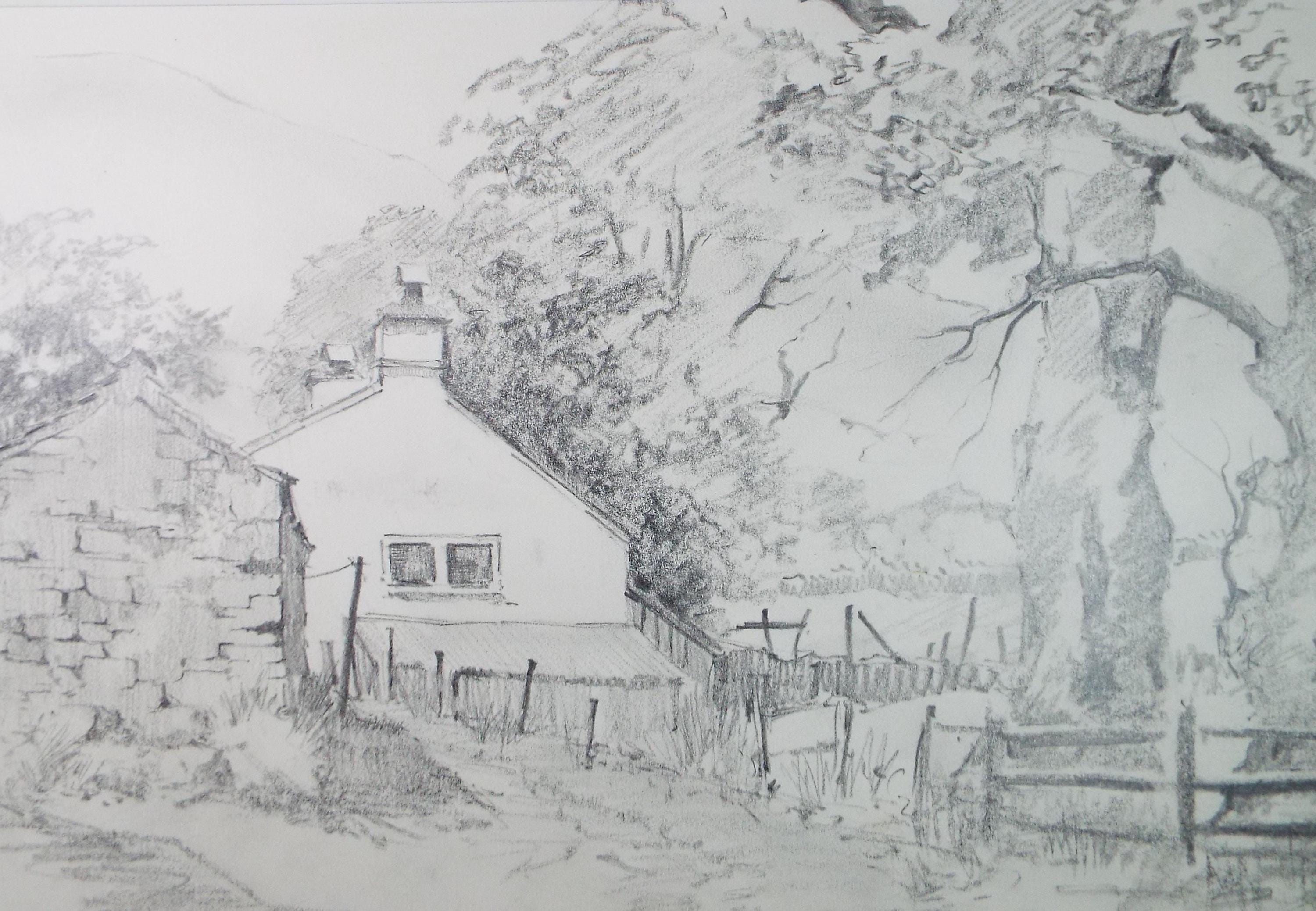 Original Pencil Drawing, 'Farmhouse below the Mountain', Tom Sykes, Circa 1980's
