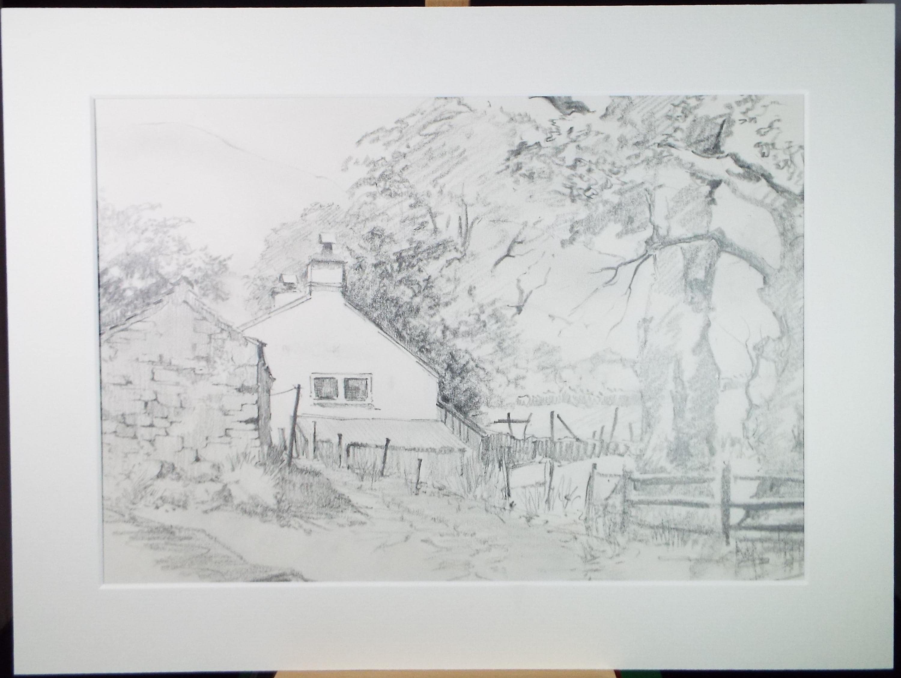 Original Pencil Drawing, 'Farmhouse below the Mountain', Tom Sykes, Circa 1980's
