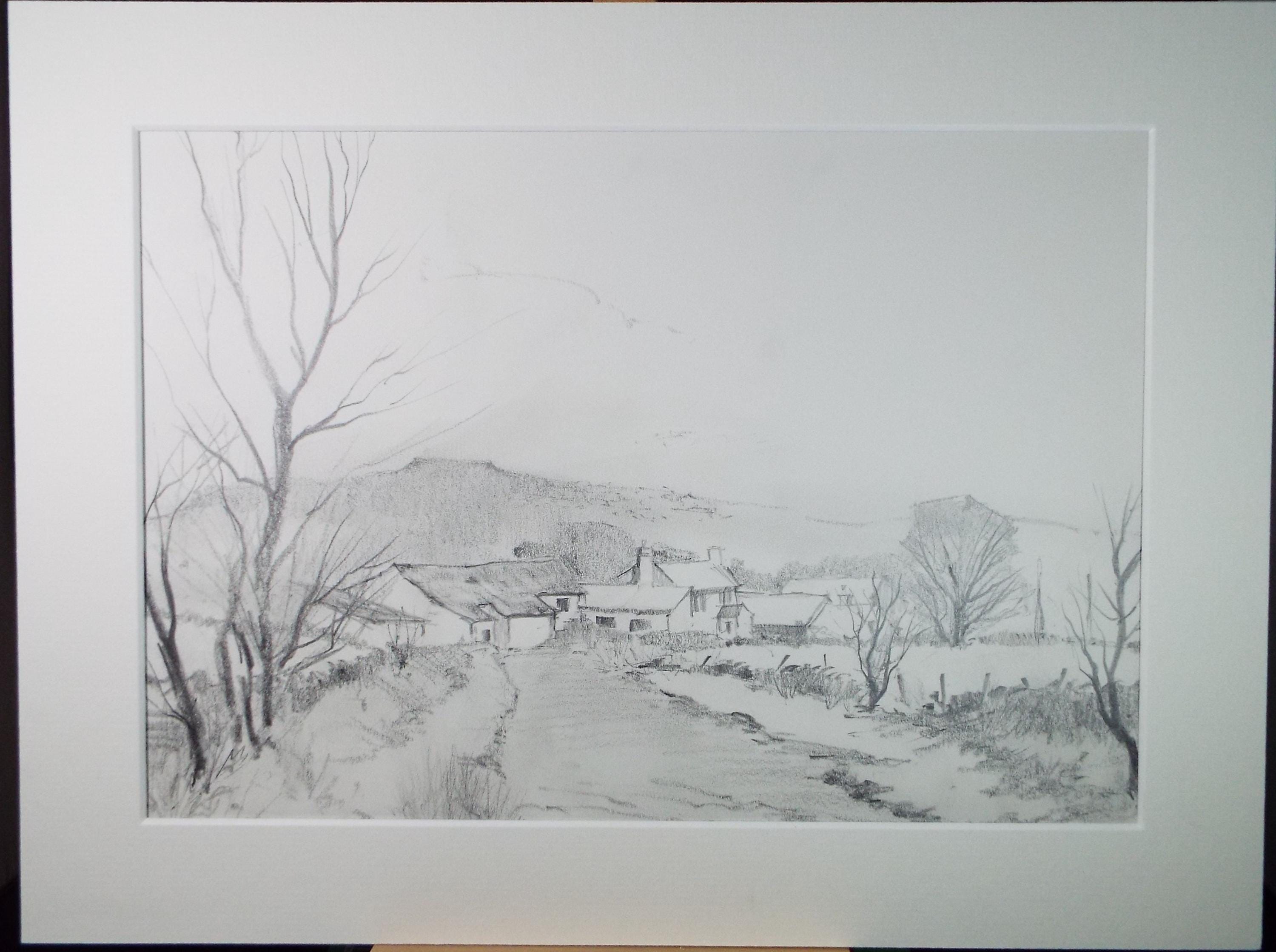 Original Pencil Drawing, 'Hamlet in the Valley', Tom Sykes, Circa 1980's