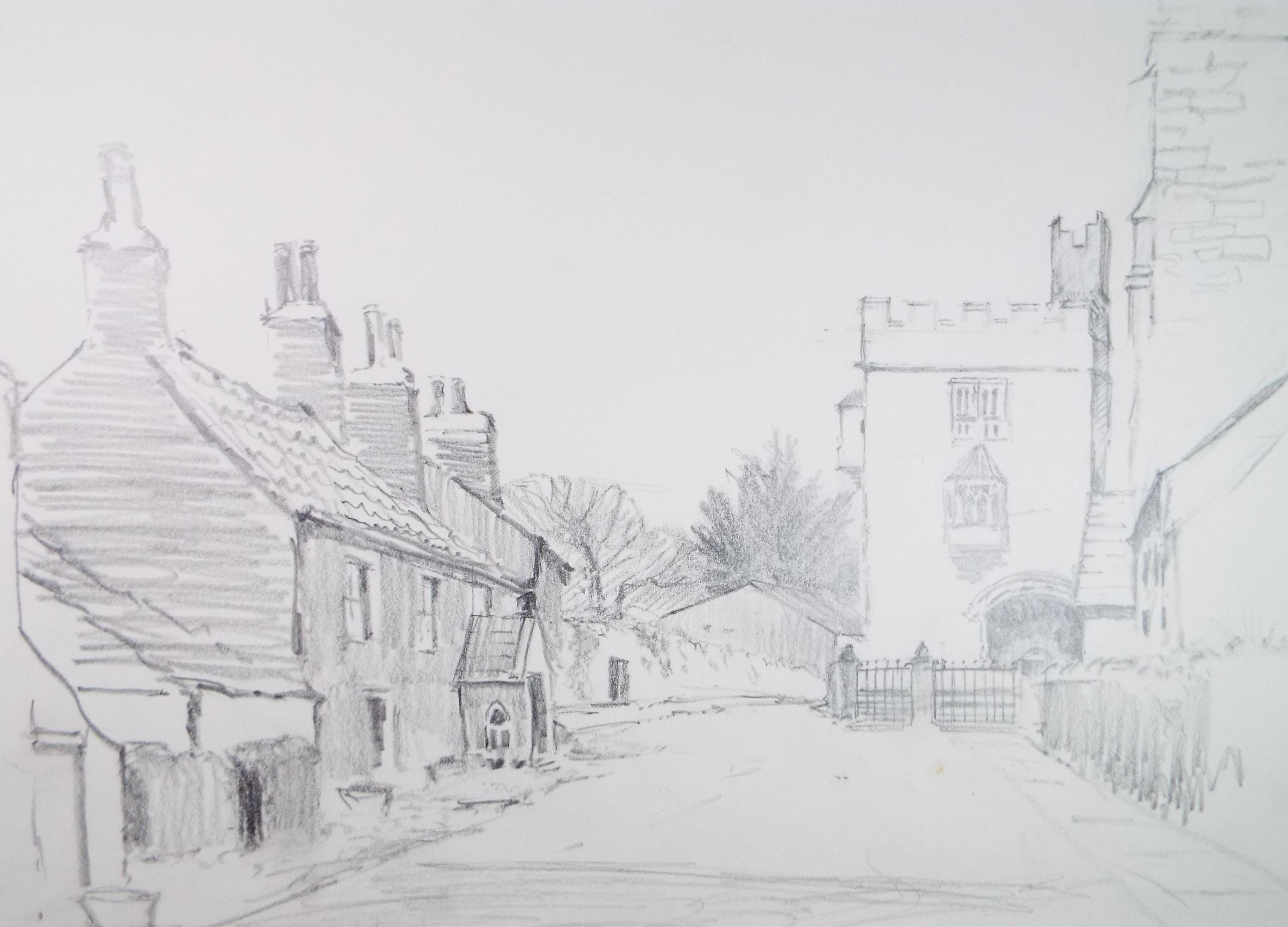 Original Pencil Drawing, 'Village Street with Church', Tom Sykes, Circa 1980's