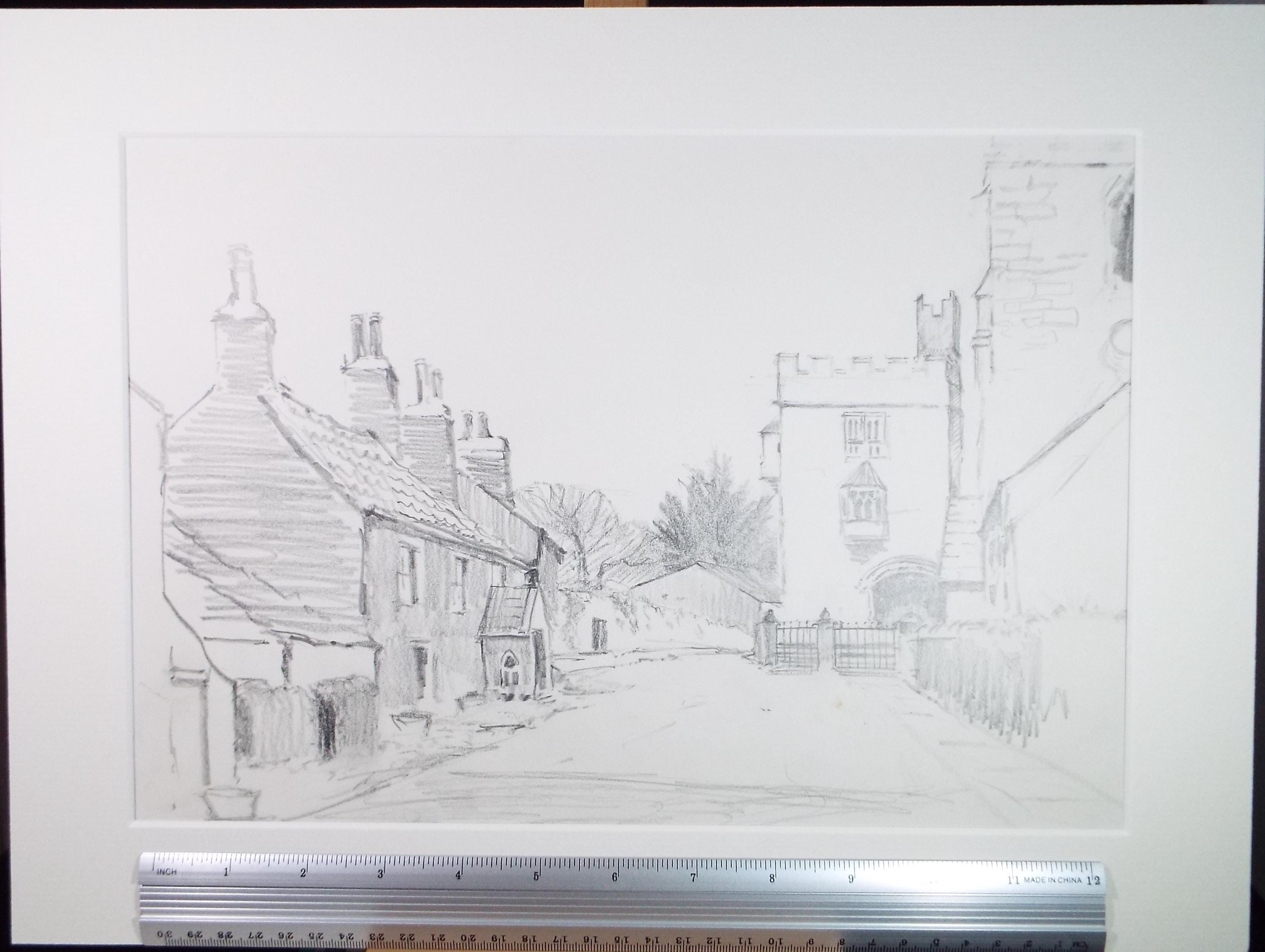 Original Pencil Drawing, 'Village Street with Church', Tom Sykes, Circa 1980's