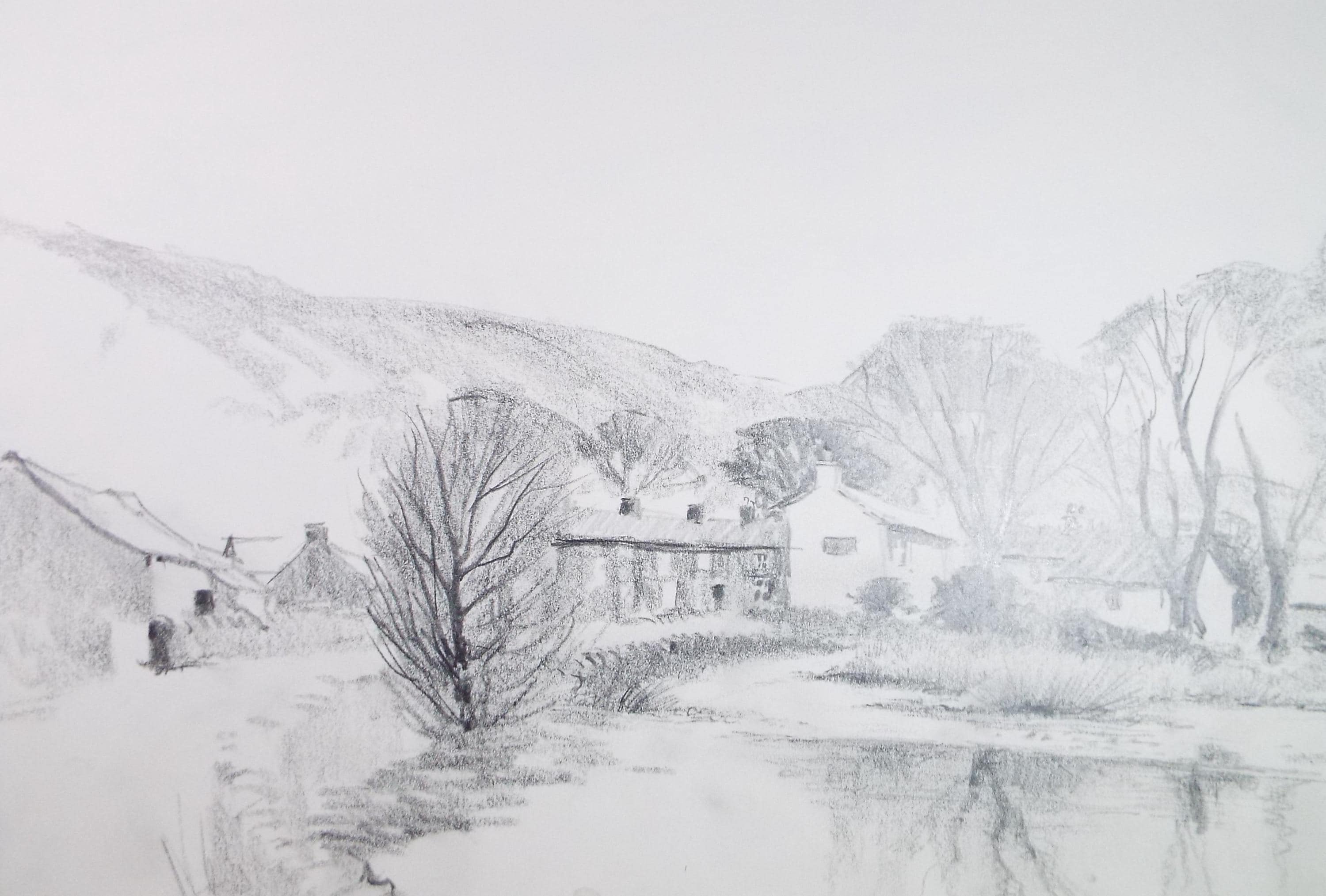 Original Pencil Drawing, 'Hamlet in the Valley', Tom Sykes, Circa 1980's