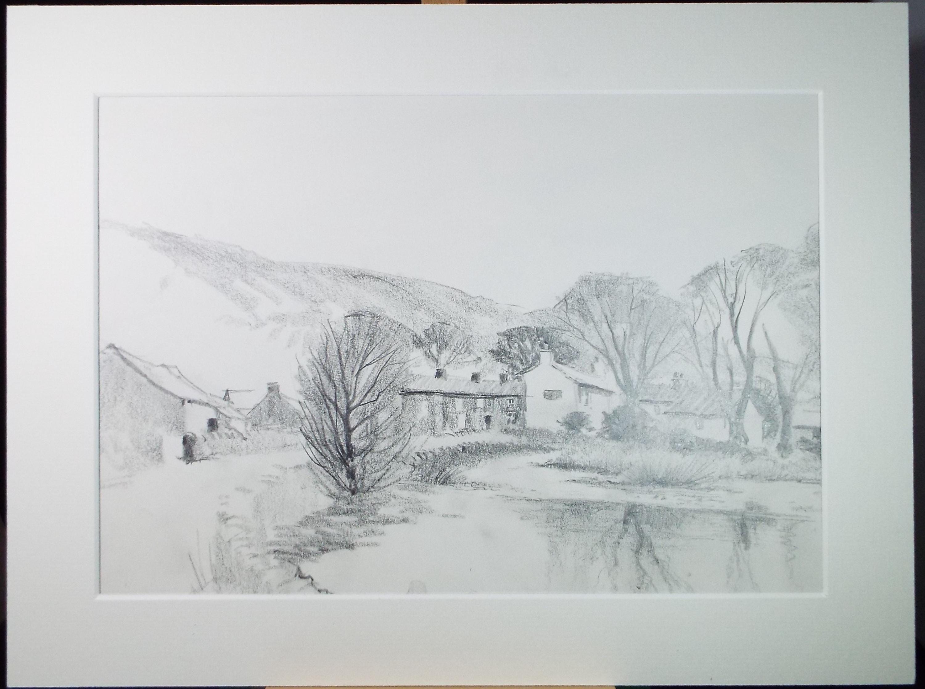 Original Pencil Drawing, 'Hamlet in the Valley', Tom Sykes, Circa 1980's