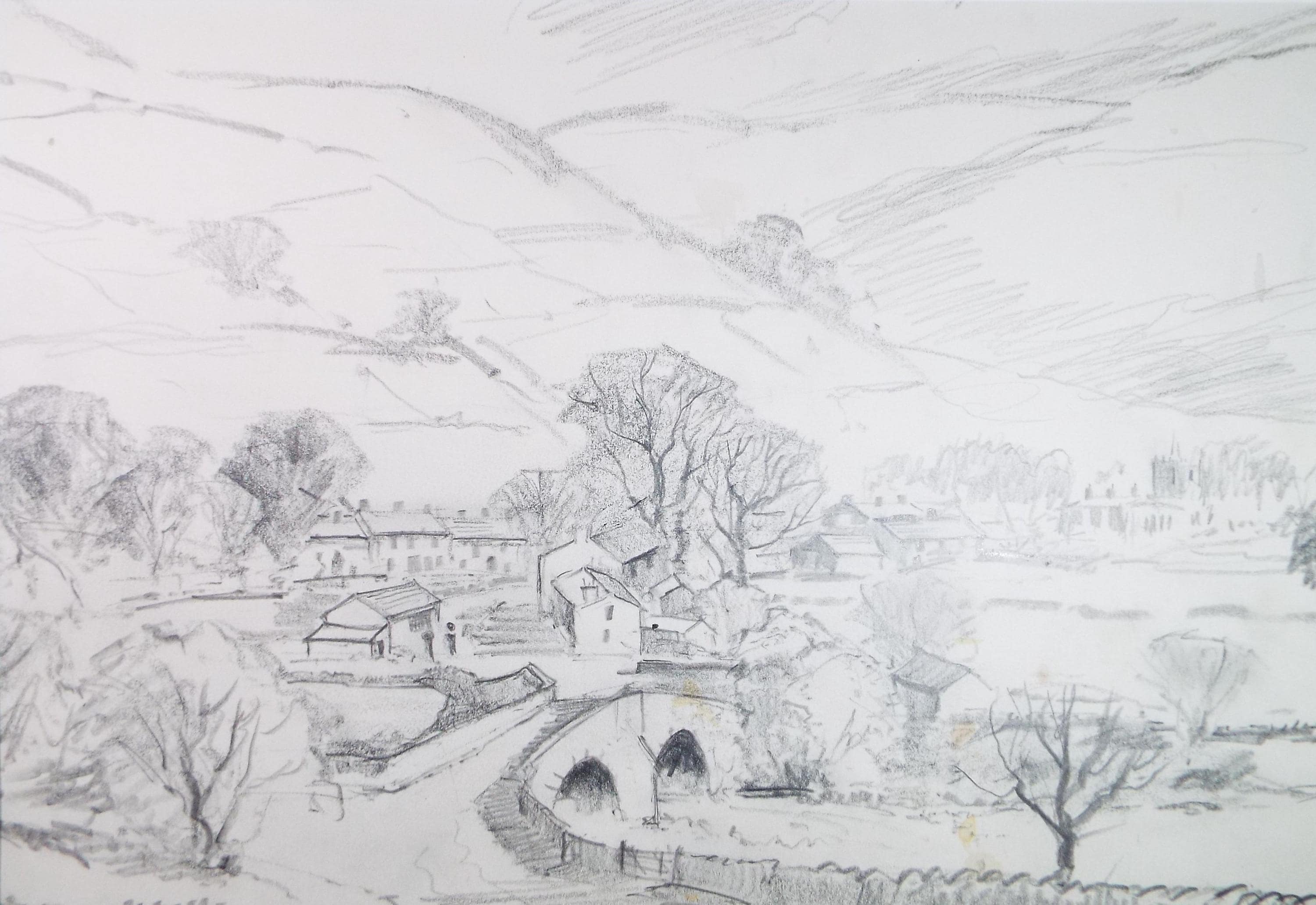 Original Pencil Drawing, 'Kettlewell from the Fellside', Tom Sykes, Circa 1980's