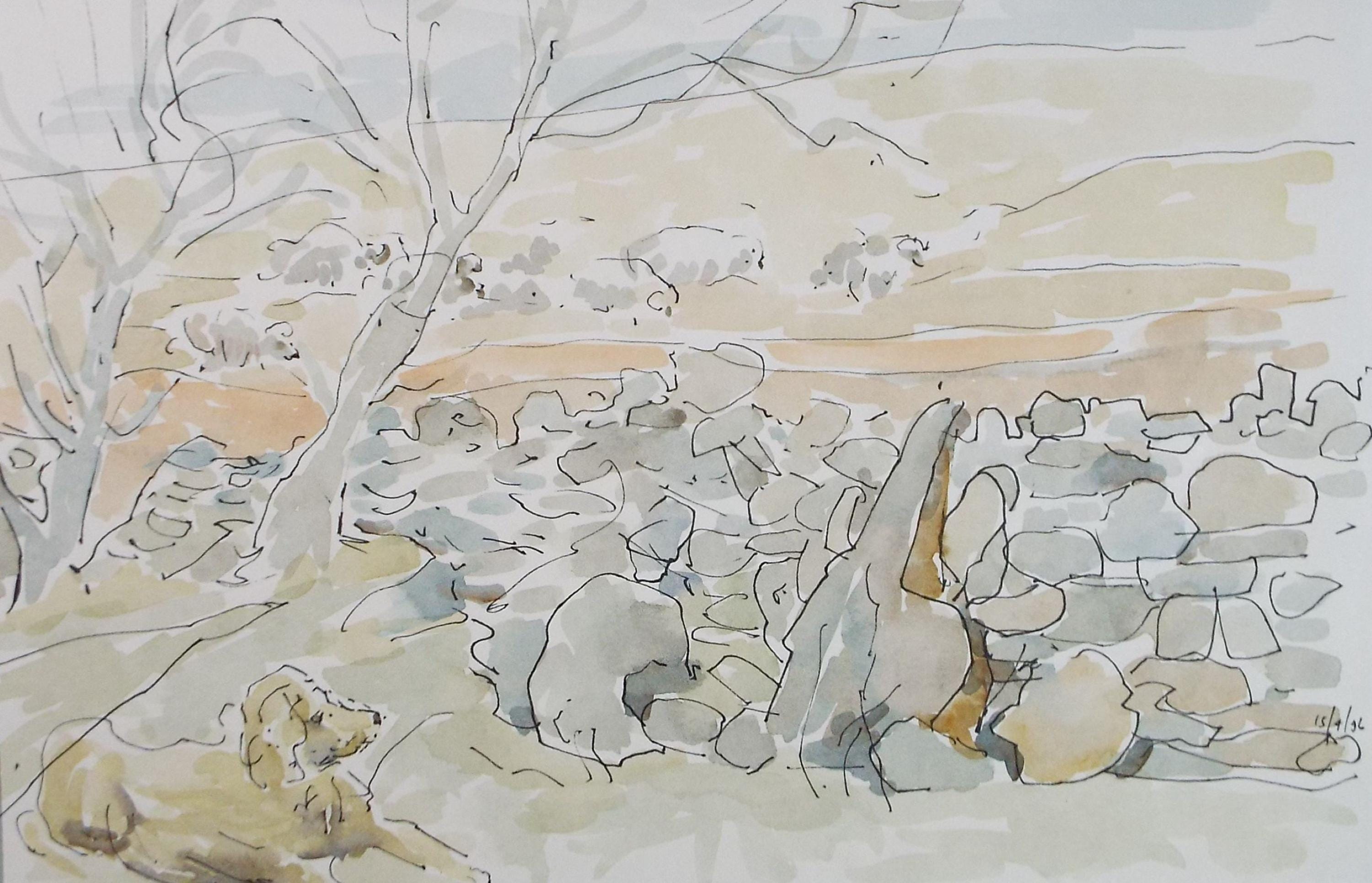 Original watercolour, 'Study of drystone wall and Retriever', Artist Unknown, Dated 1996.