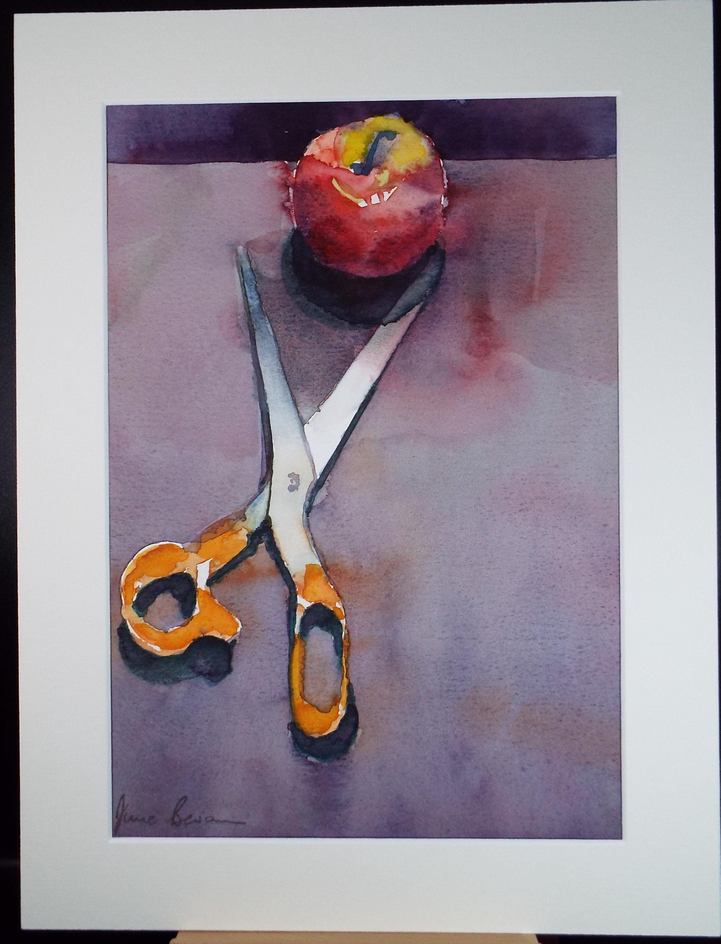 Original Watercolour, 'Menacing Scissors', June Bevan, Dated 1990