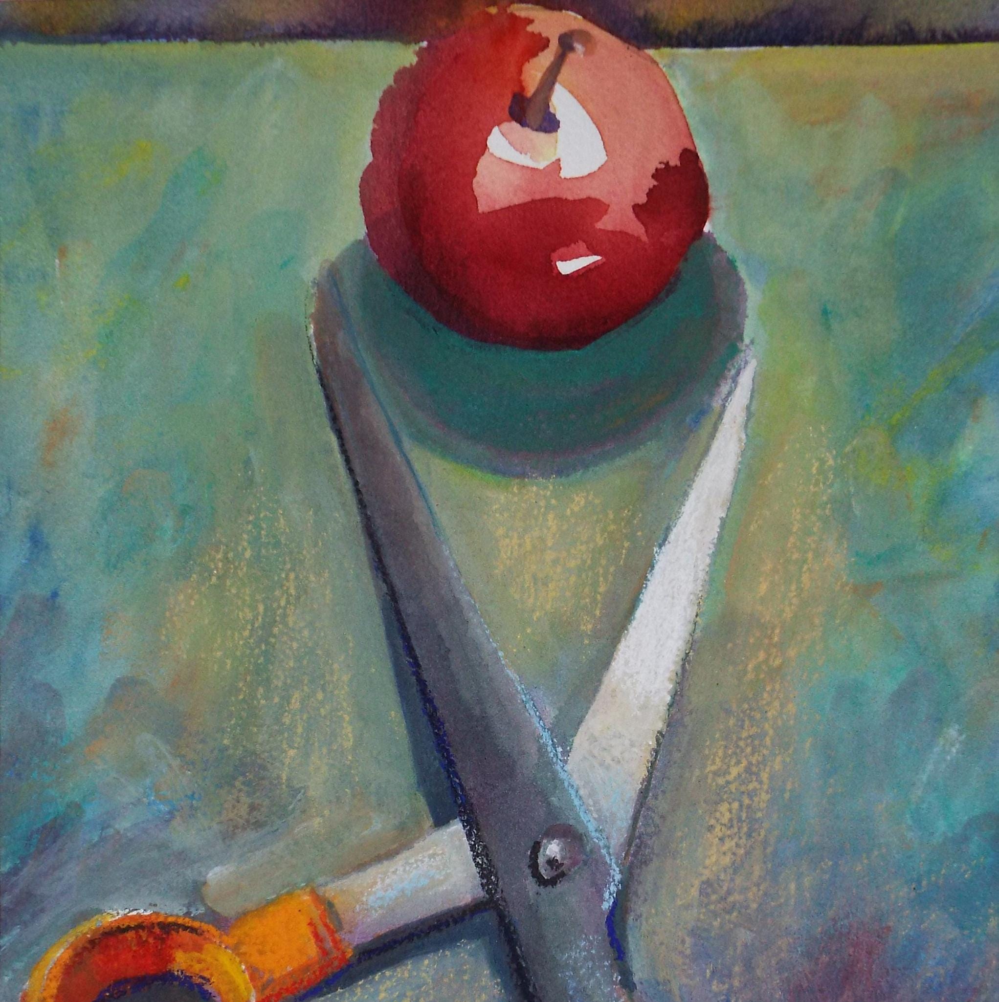 Original Watercolour, 'Menacing Scissors', June Bevan, Dated 1990