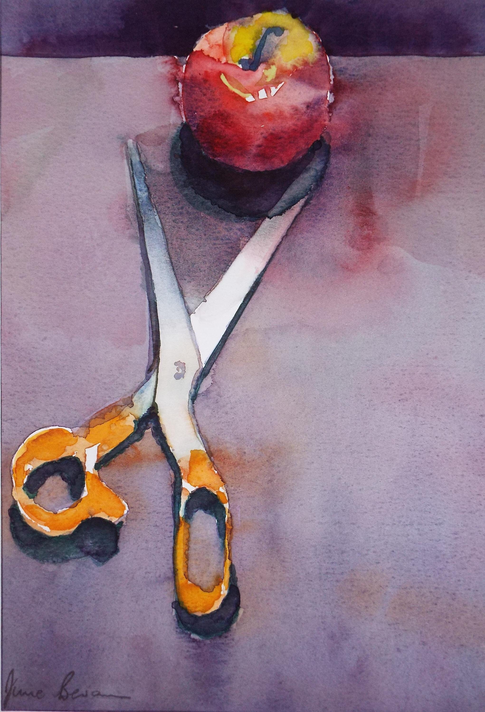 Original Watercolour, 'Menacing Scissors', June Bevan, Dated 1990