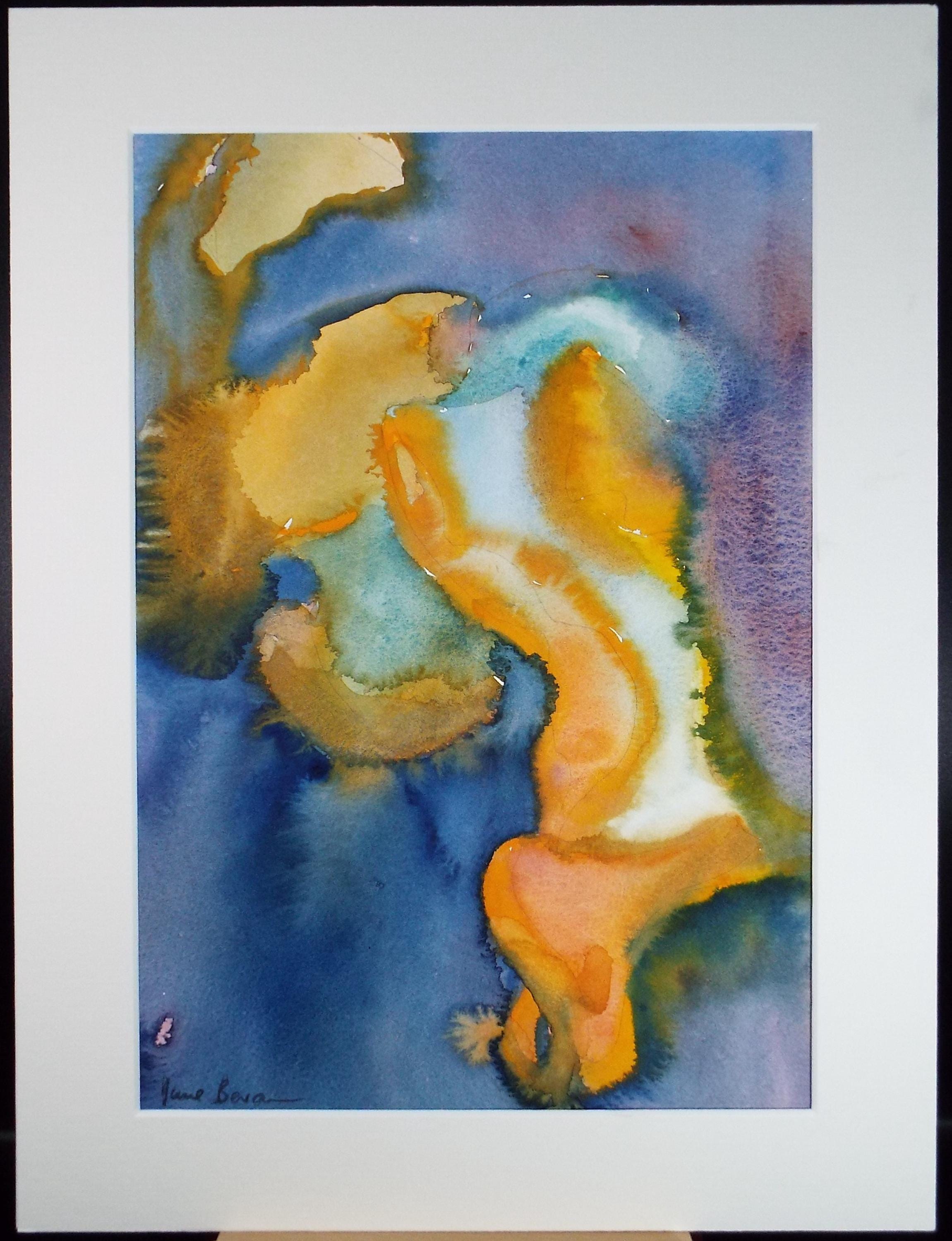 Original Watercolour, 'Abstract in Blue and Orange', June Bevan, Dated 1999