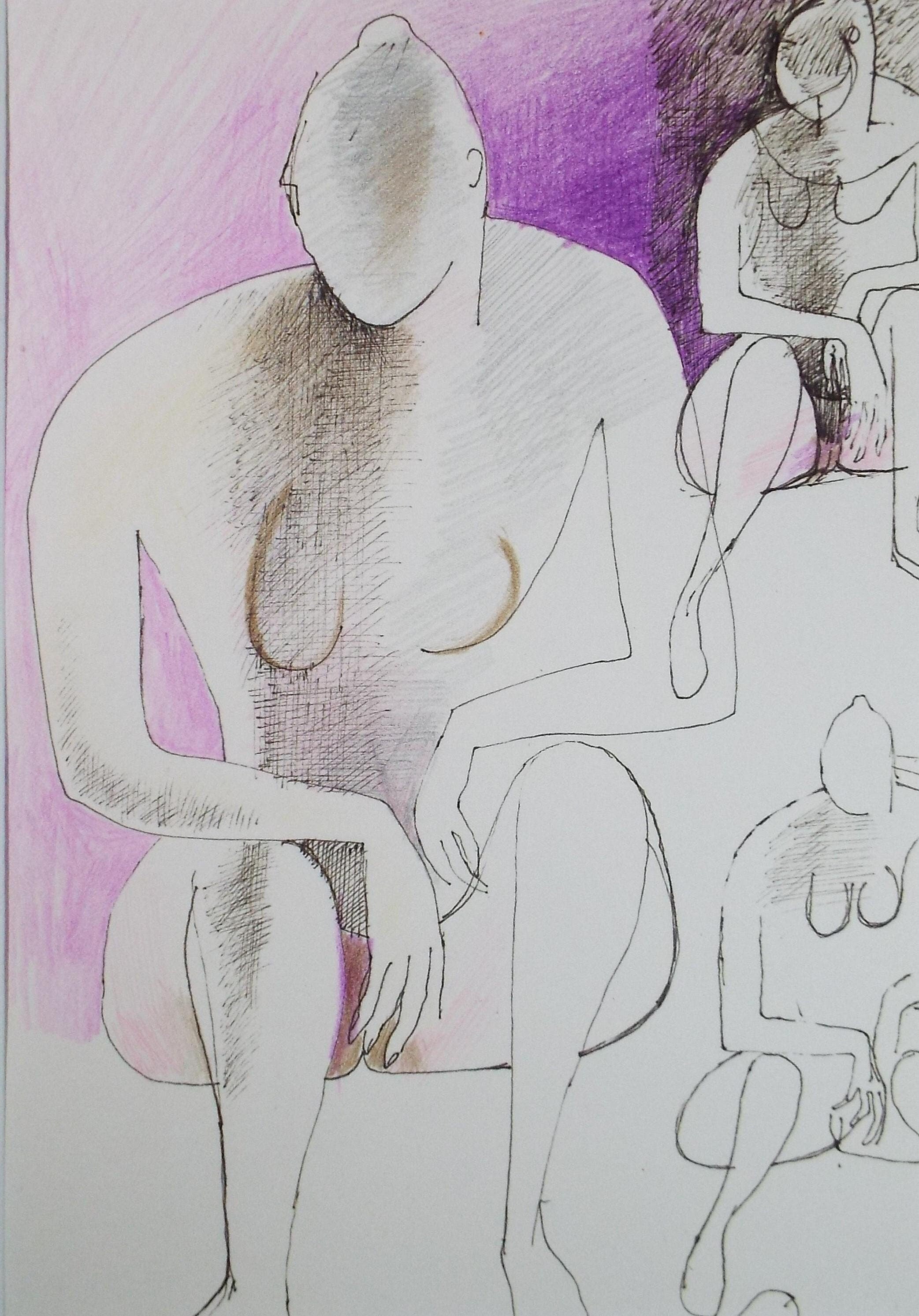 Original Ink & Coloured Pencil, 'Seated Figure', Artist Unknown, circa 1990's