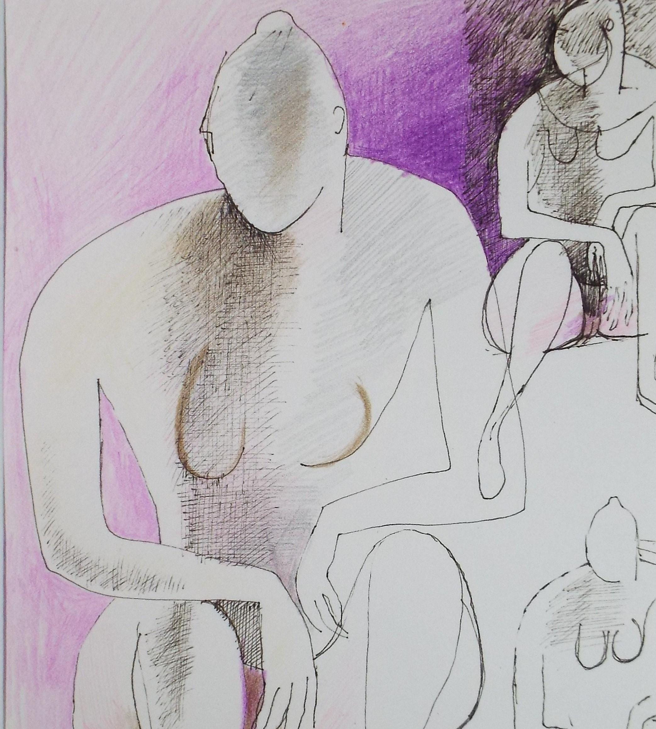 Original Ink & Coloured Pencil, 'Seated Figure', Artist Unknown, circa 1990's