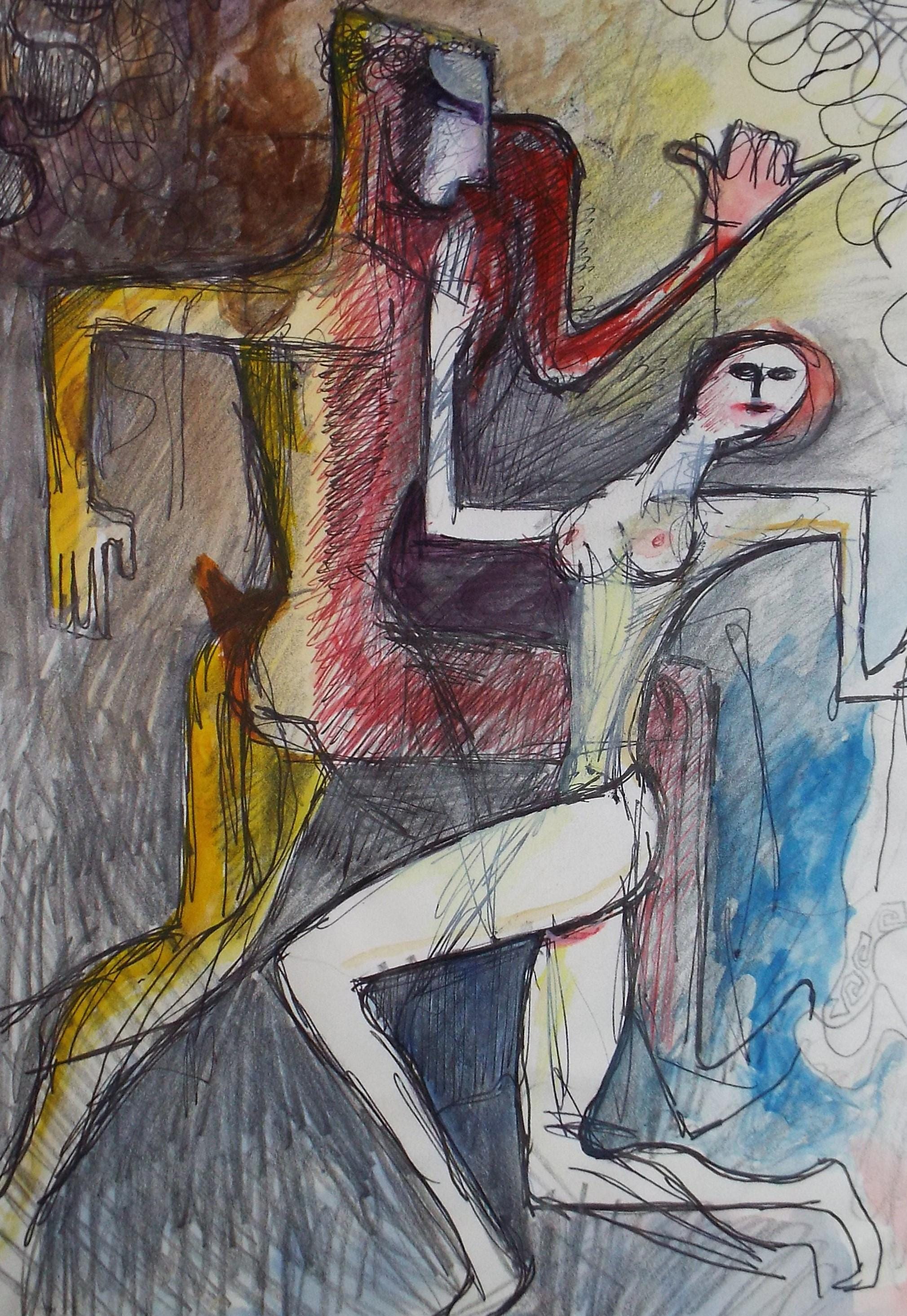 Original Ink & Coloured Pencil, 'Angular Figures', Artist Unknown, circa 1990's