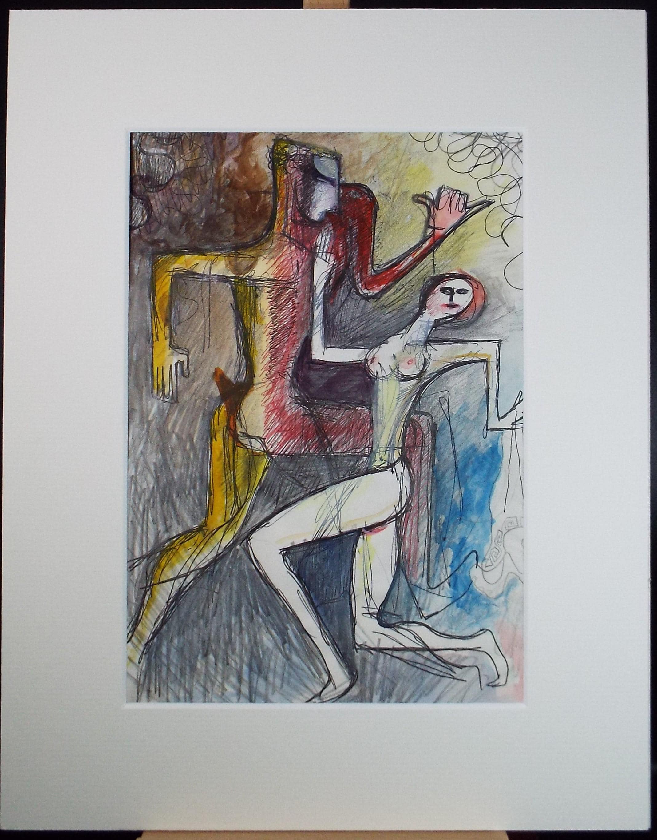 Original Ink & Coloured Pencil, 'Angular Figures', Artist Unknown, circa 1990's