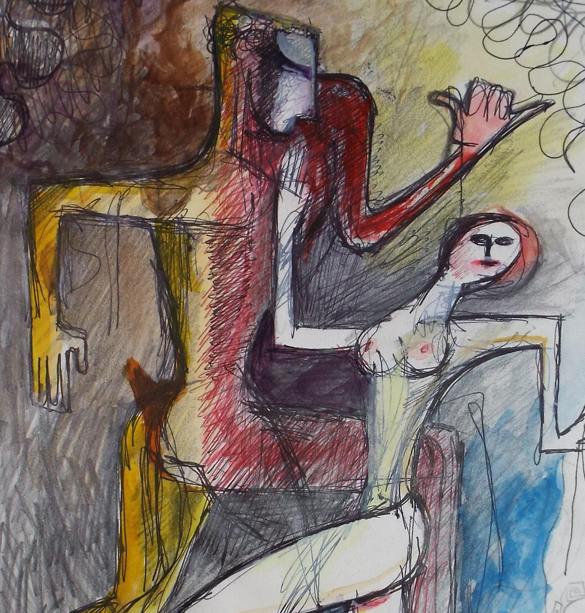 Original Ink & Coloured Pencil, 'Angular Figures', Artist Unknown, circa 1990's