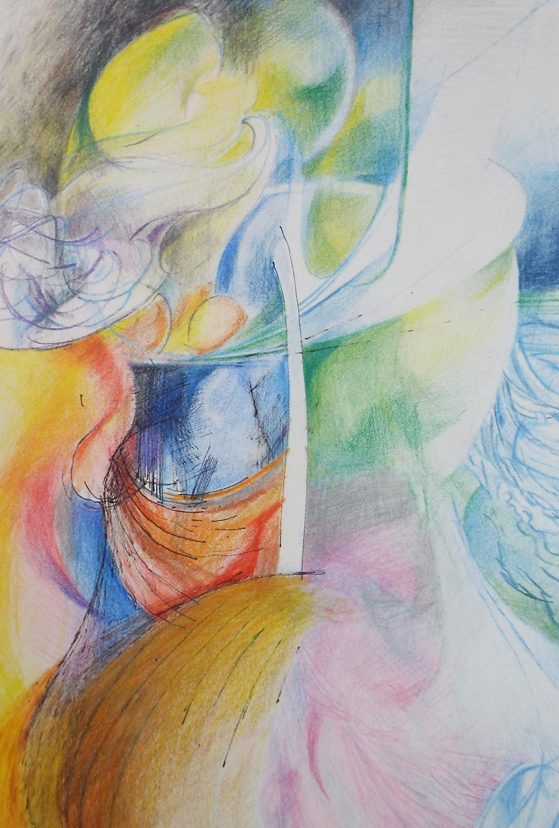 Original Coloured Pencil on Paper,'Sinuous Abstract', Artist Unknown, Circa 1990's