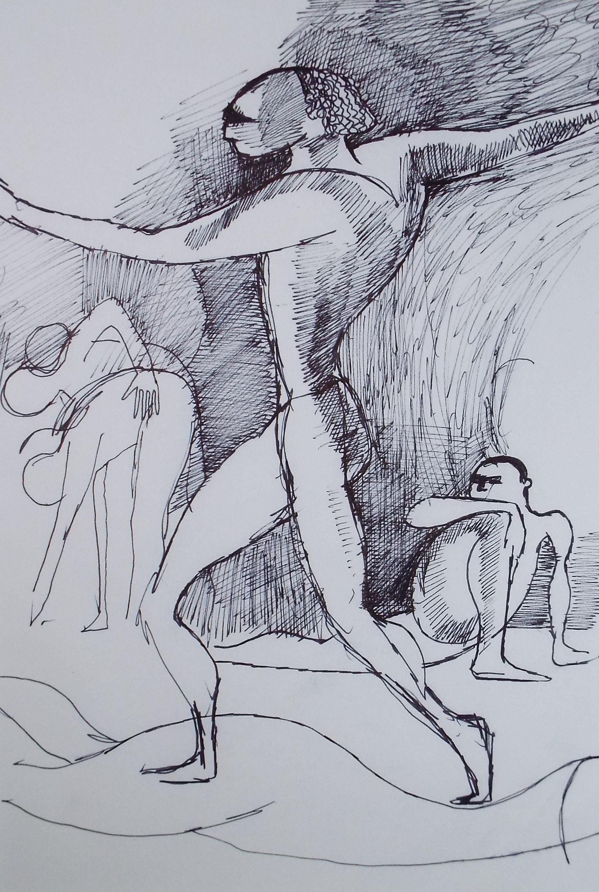 Original Pen & ink Drawing, 'Figures', Artist Unknown, circa 1990's