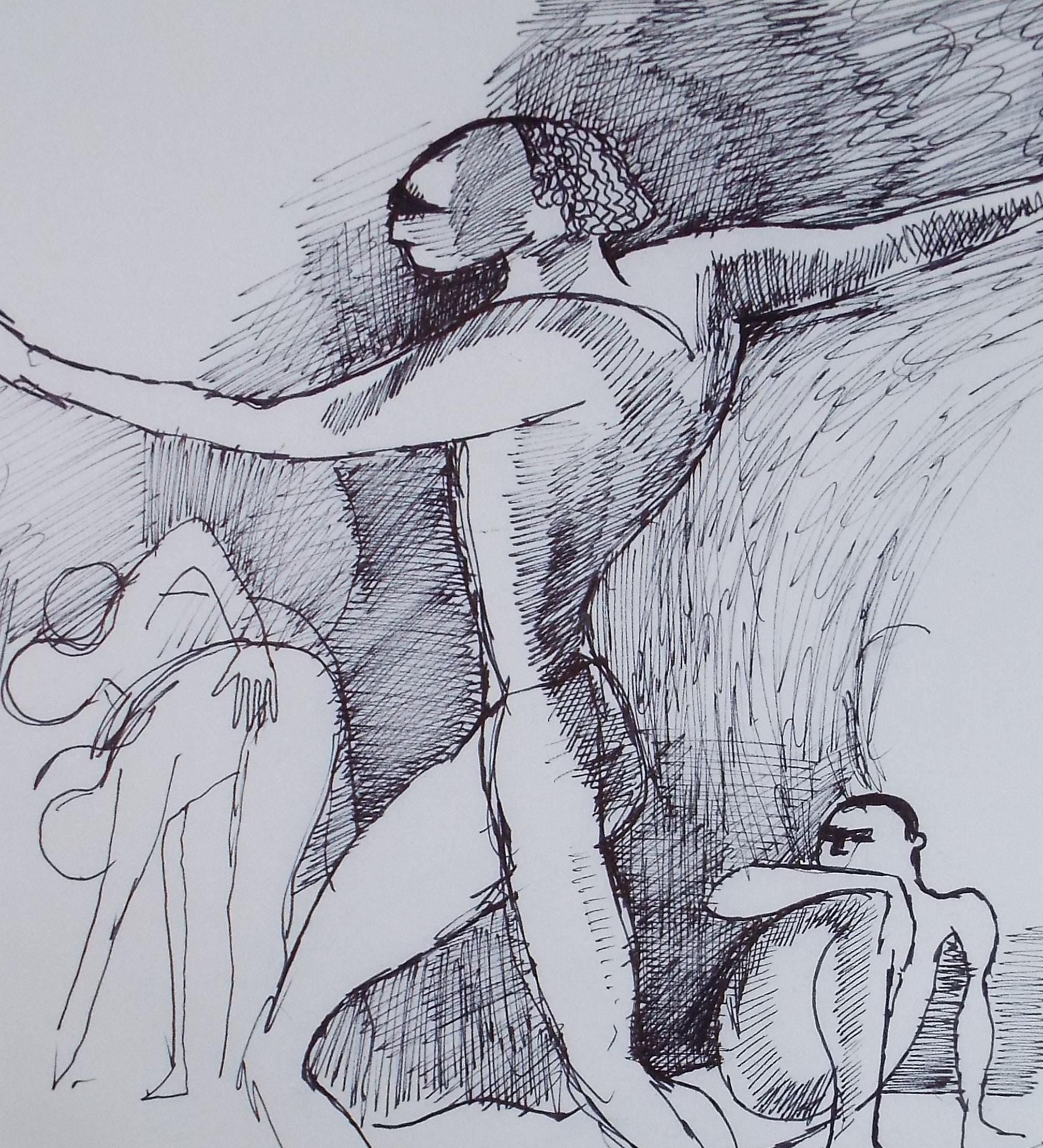 Original Pen & ink Drawing, 'Figures', Artist Unknown, circa 1990's