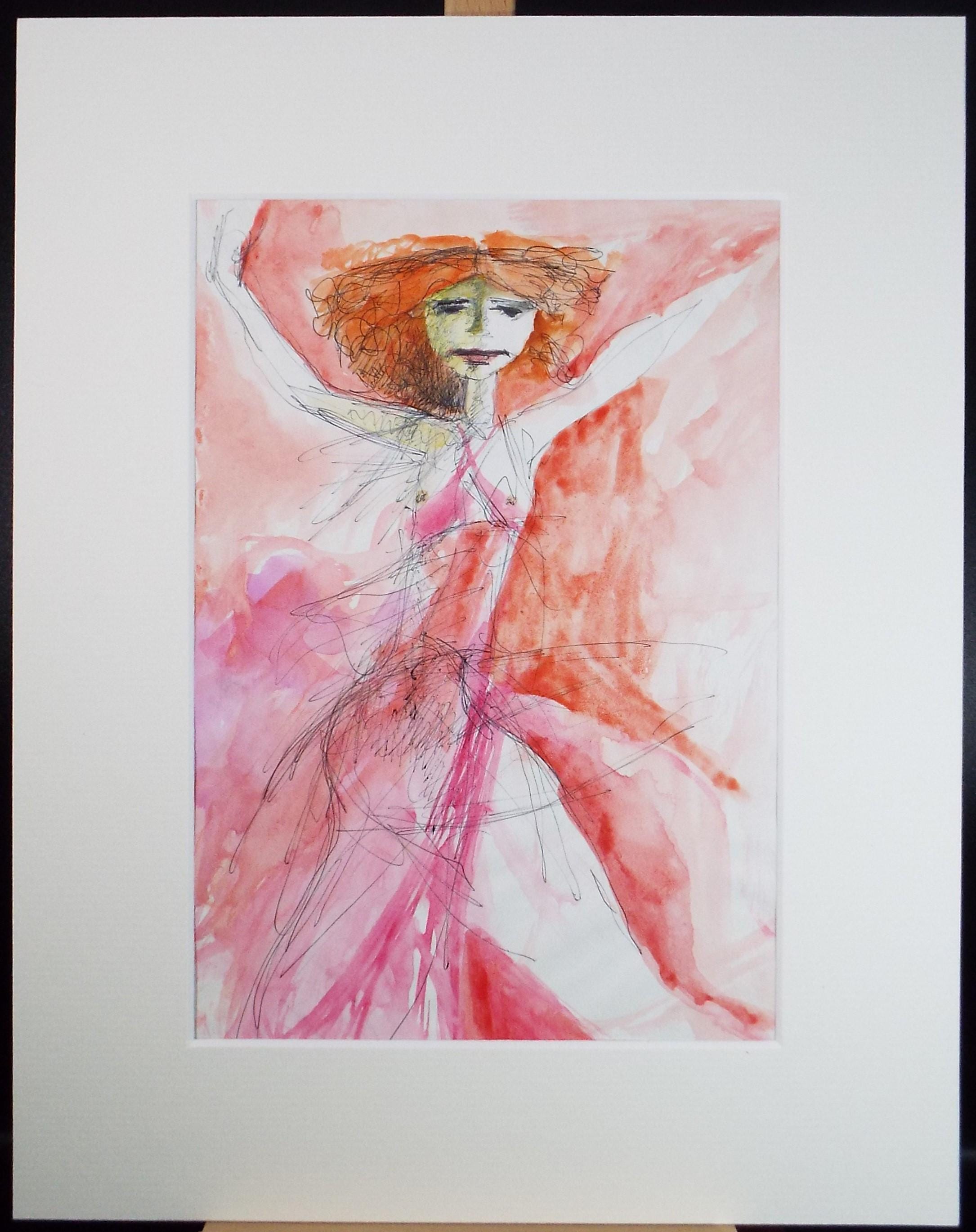 Original Watercolour, 'Woman in Red', Artist Unknown, circa 1990's