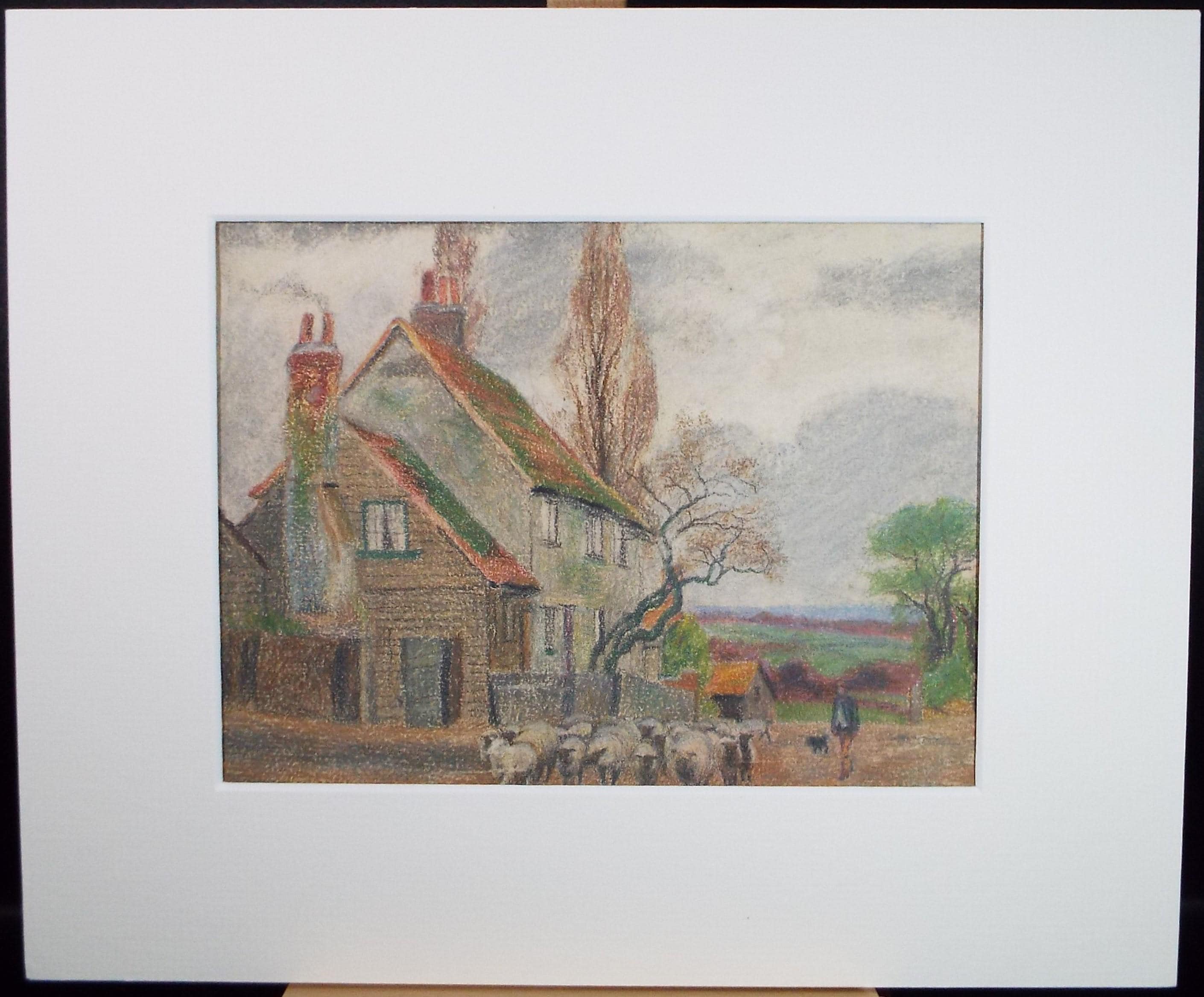 Original Pastel drawing, 'Farmhouse with Sheep', circa 1920's, J Baxter