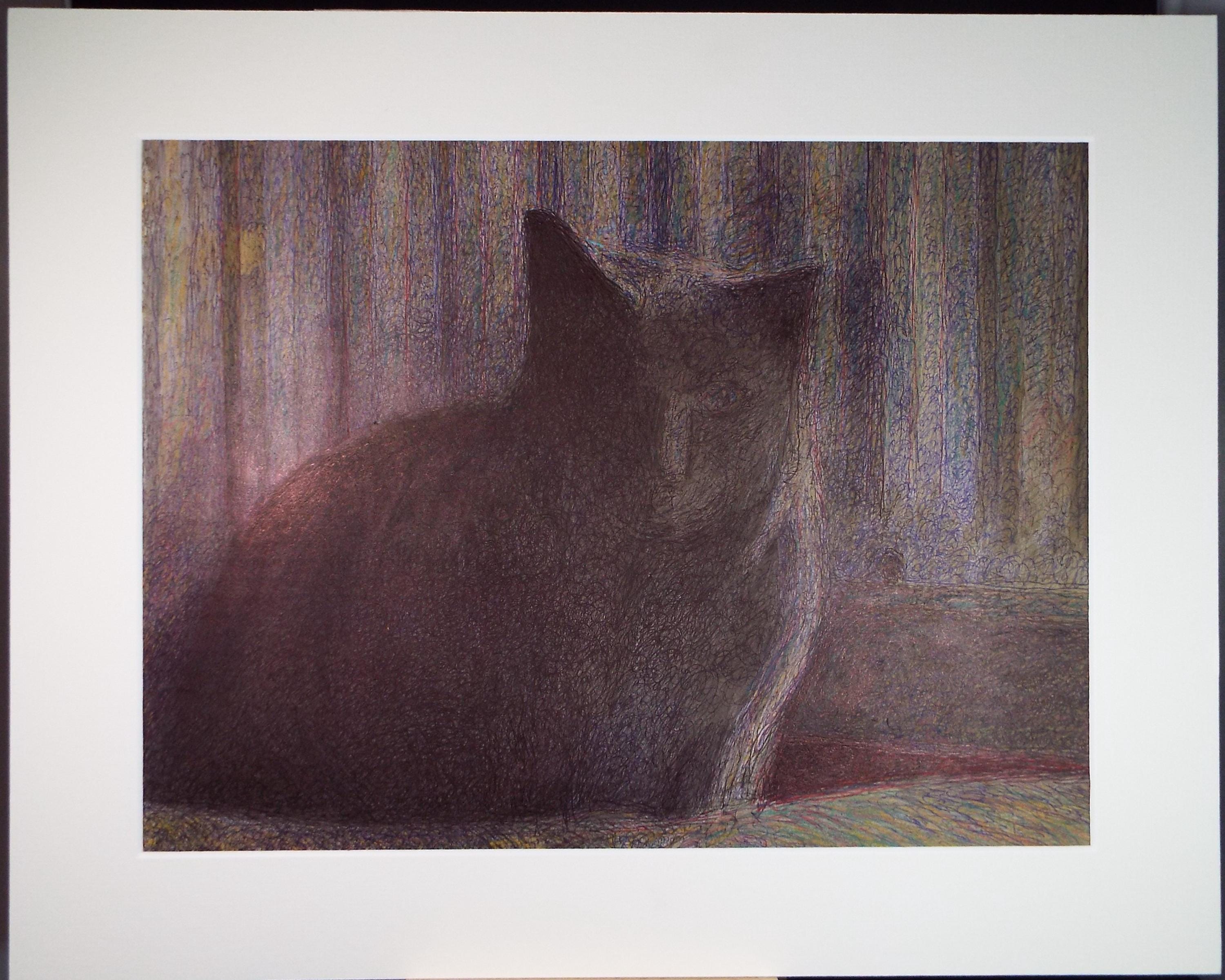 Original Coloured Pencil & Ballpoint pen, 'Black Cat, Unknown Artist, Circa 1980's
