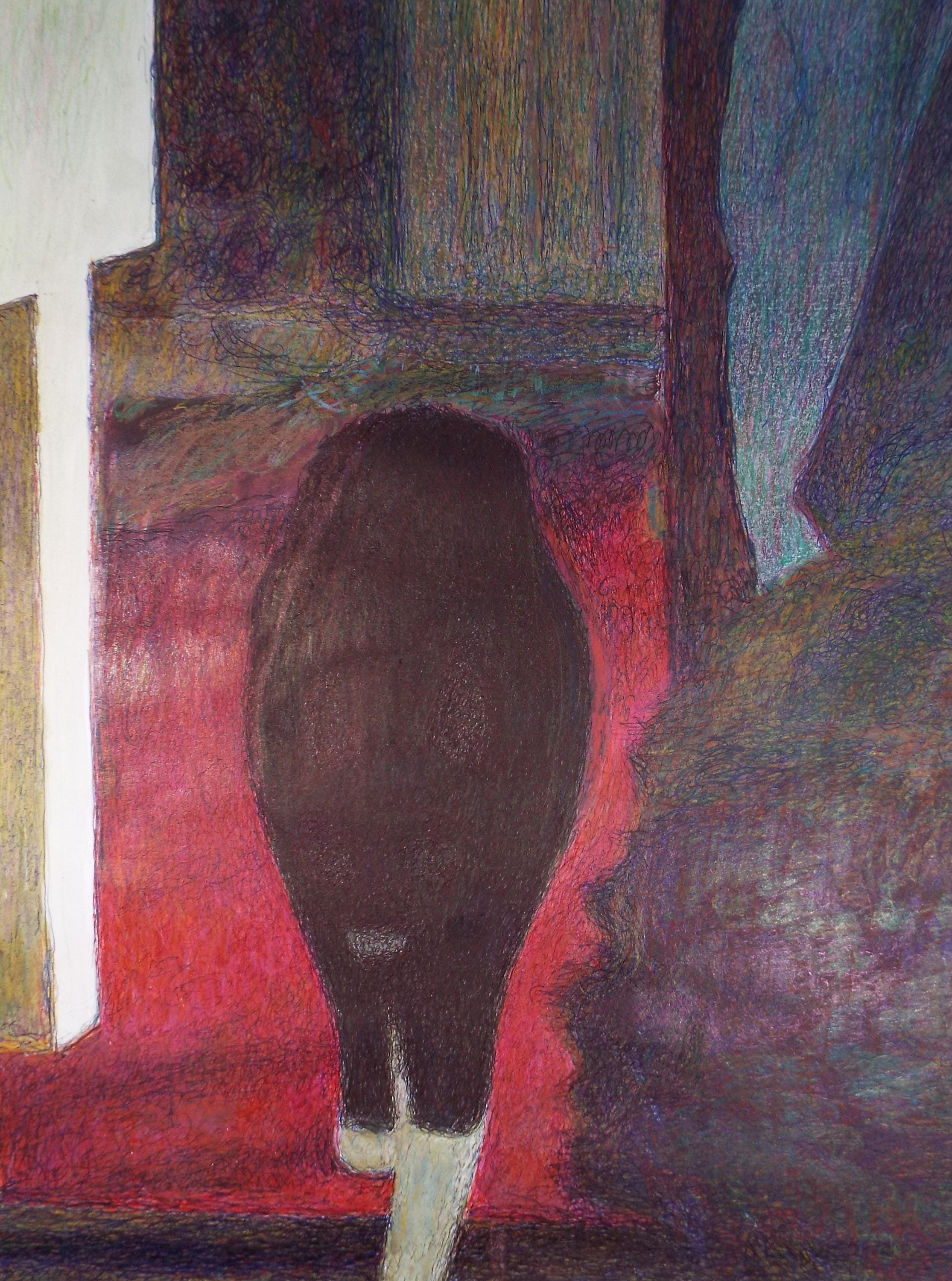 Original Coloured Pencil & Ballpoint pen, 'Black Cat, Unknown Artist, Circa 1980's