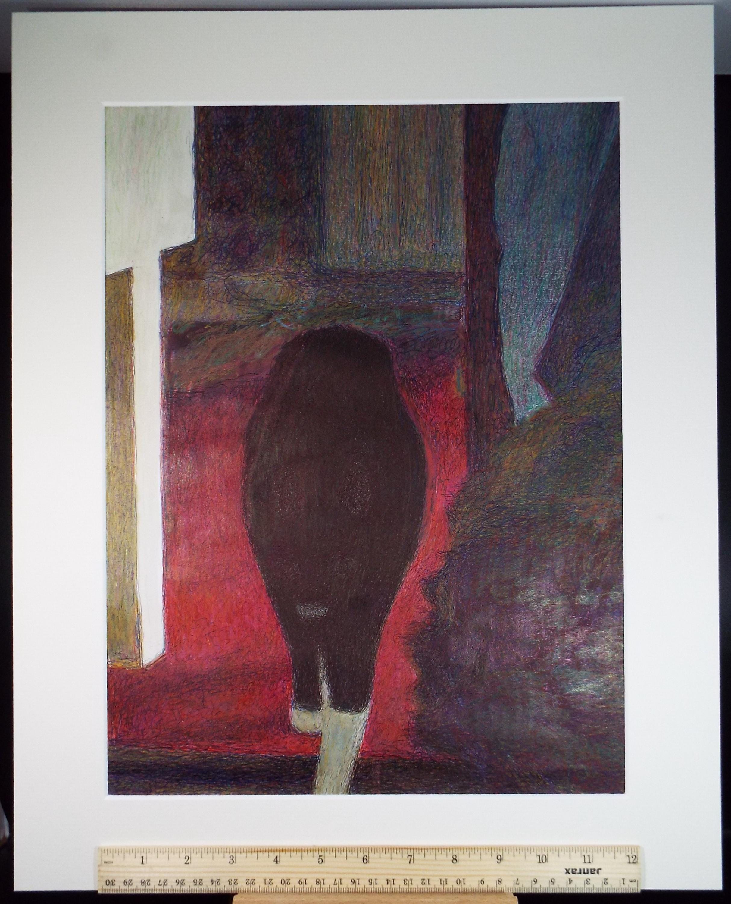 Original Coloured Pencil & Ballpoint pen, 'Black Cat, Unknown Artist, Circa 1980's