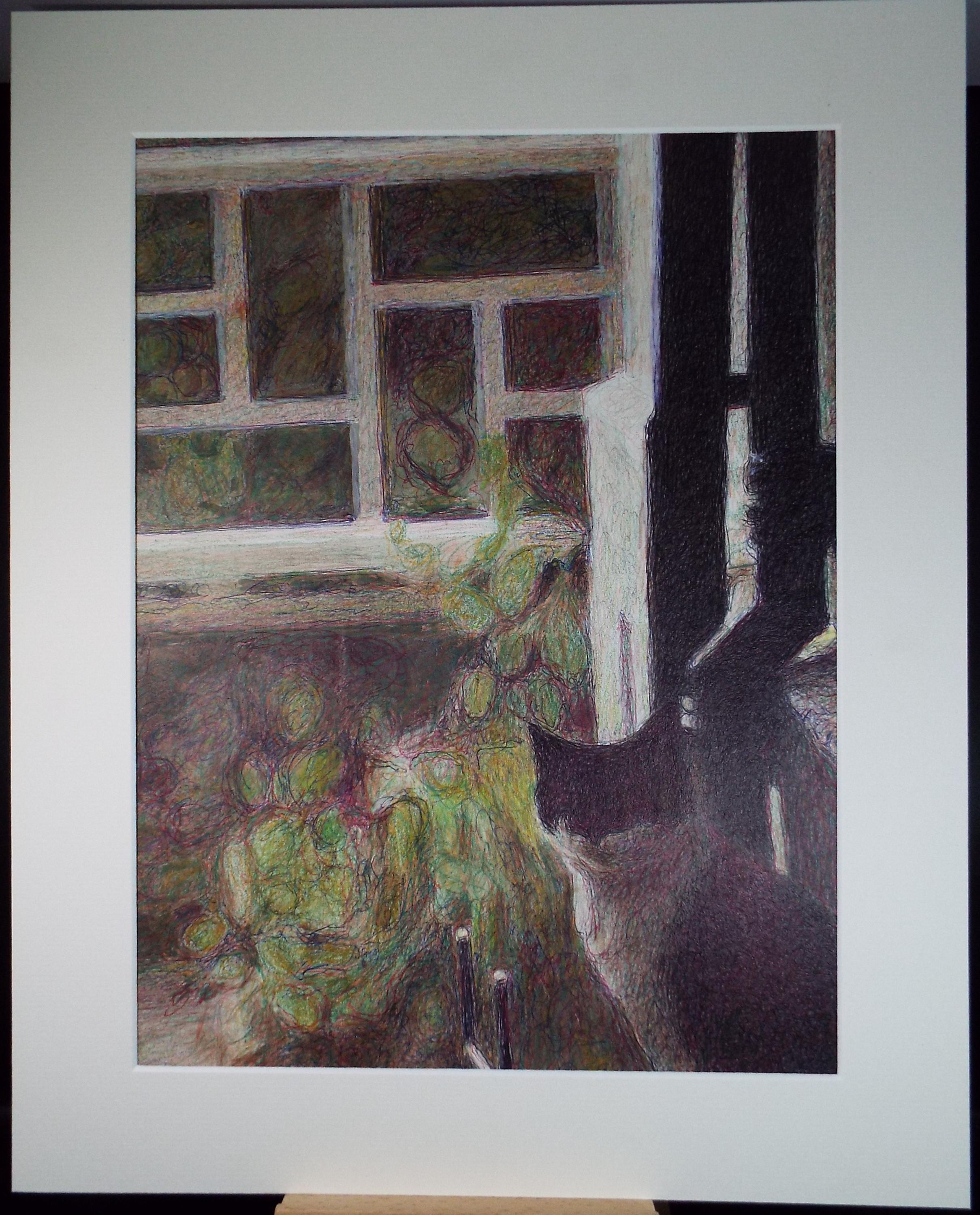 Original Watercolour & Ballpoint pen, 'Cat at the Window', Unknown Artist, Circa 1980's