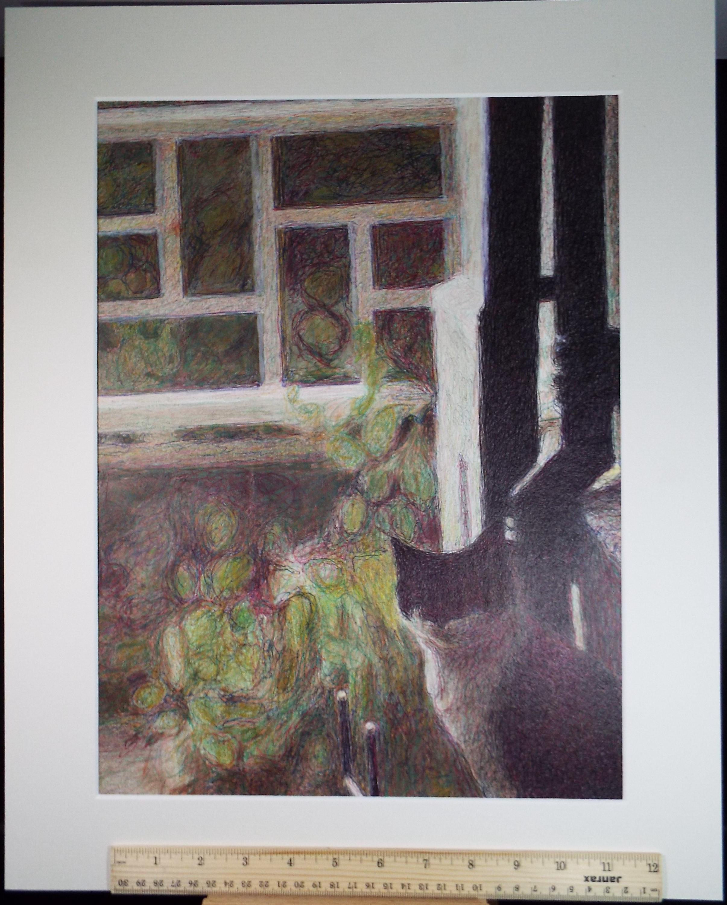 Original Watercolour & Ballpoint pen, 'Cat at the Window', Unknown Artist, Circa 1980's