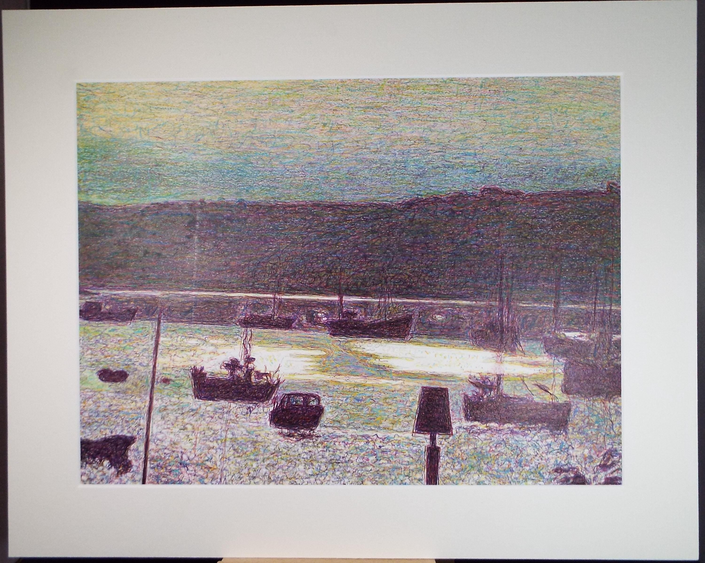 Original Coloured Pencil & Ballpoint pen, 'Boats in the Harbour', Unknown Artist, Circa 1980's