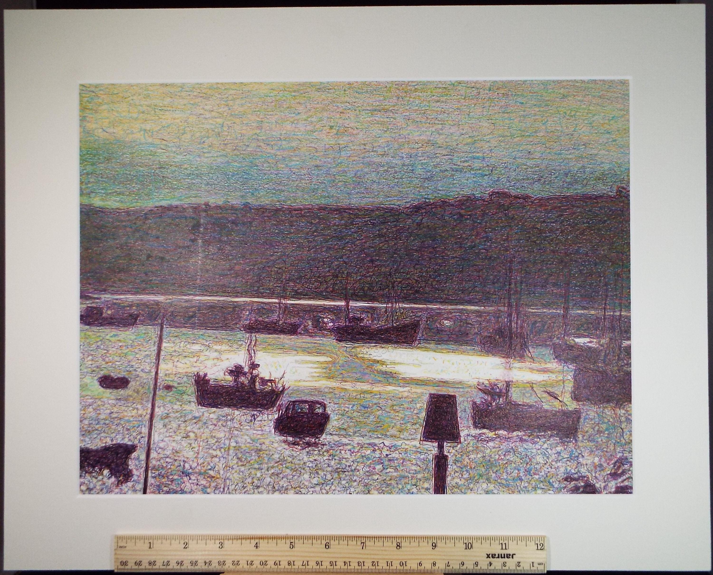 Original Coloured Pencil & Ballpoint pen, 'Boats in the Harbour', Unknown Artist, Circa 1980's