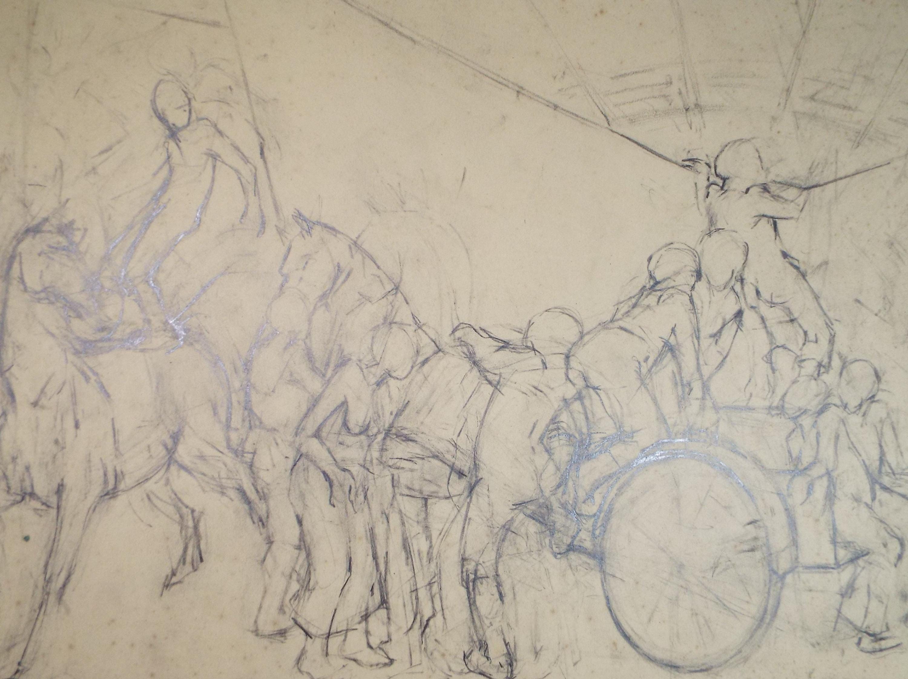 Original Pencil Drawing,'Figures on a Cart', Edmund Caswell (1938-1996), circa 1980's