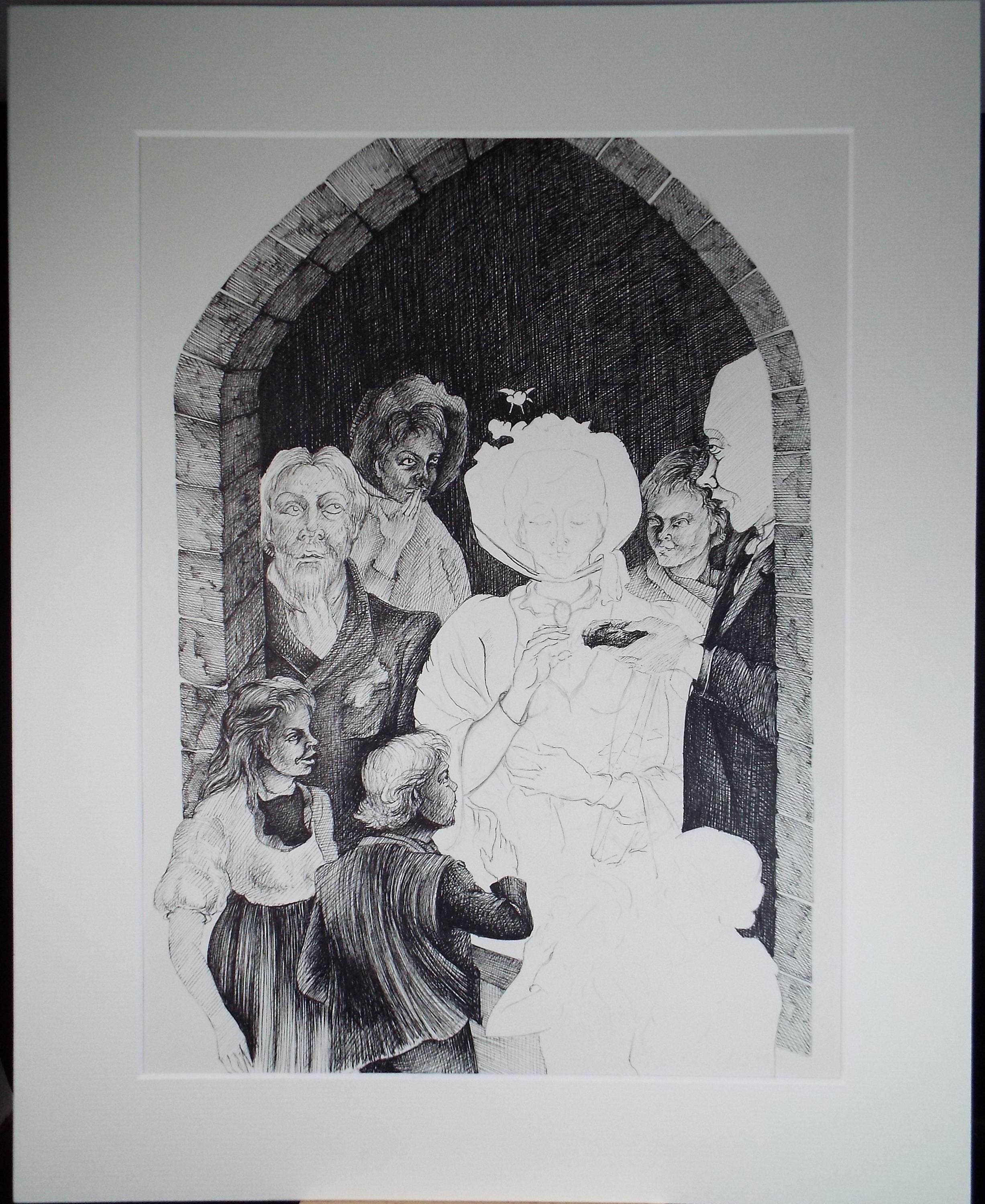Original Pen & Ink Drawing,'Figures at the Kirk', Edmund Caswell (1938-1996), circa 1980's