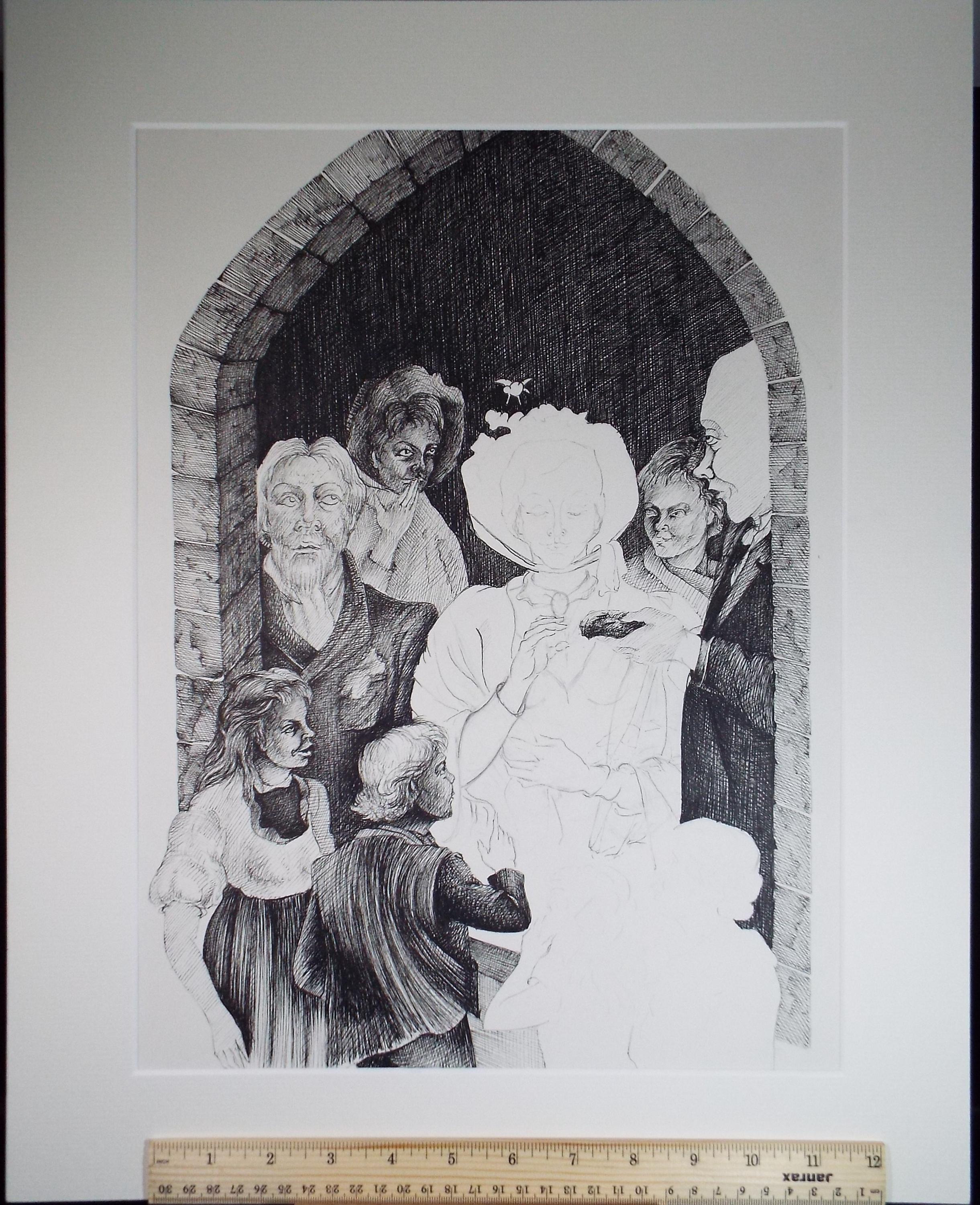 Original Pen & Ink Drawing,'Figures at the Kirk', Edmund Caswell (1938-1996), circa 1980's