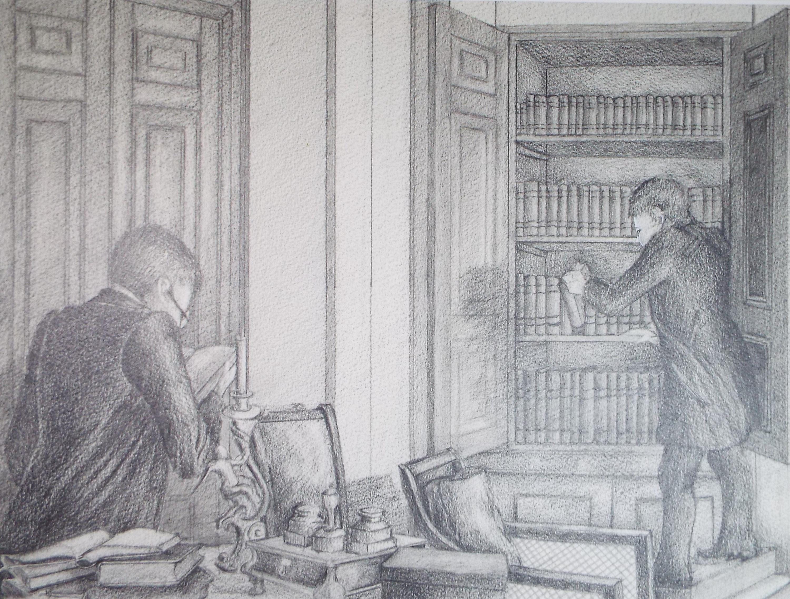 Original Pencil Drawing,'Figures in the Library', Edmund Caswell (1938-1996), circa 1980's