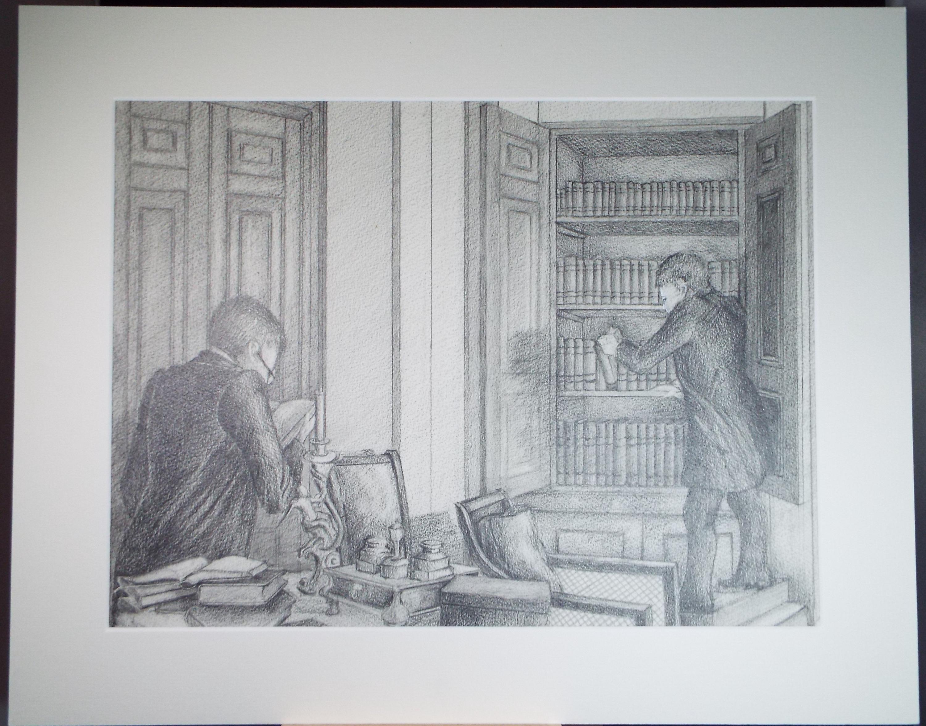 Original Pencil Drawing,'Figures in the Library', Edmund Caswell (1938-1996), circa 1980's
