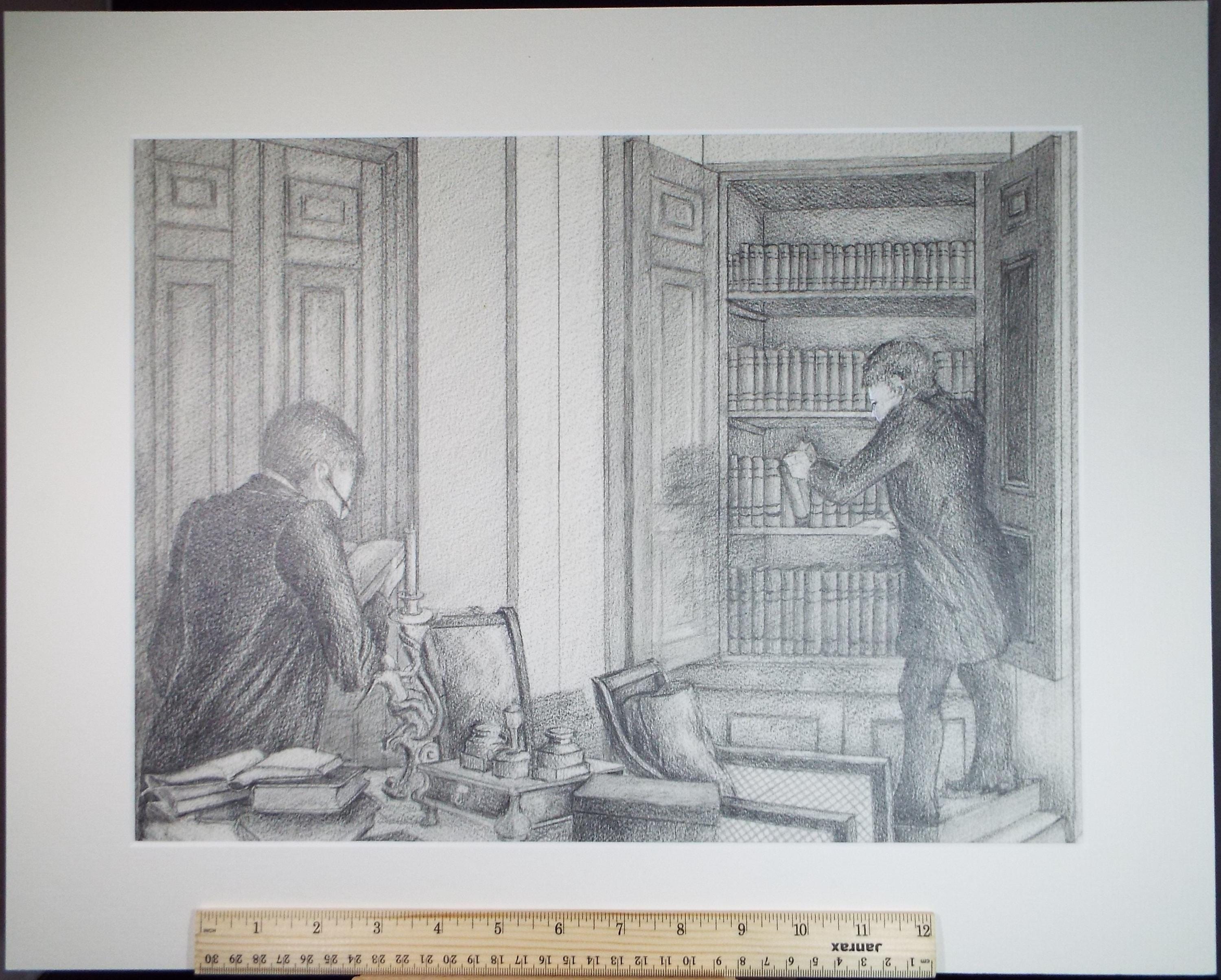 Original Pencil Drawing,'Figures in the Library', Edmund Caswell (1938-1996), circa 1980's