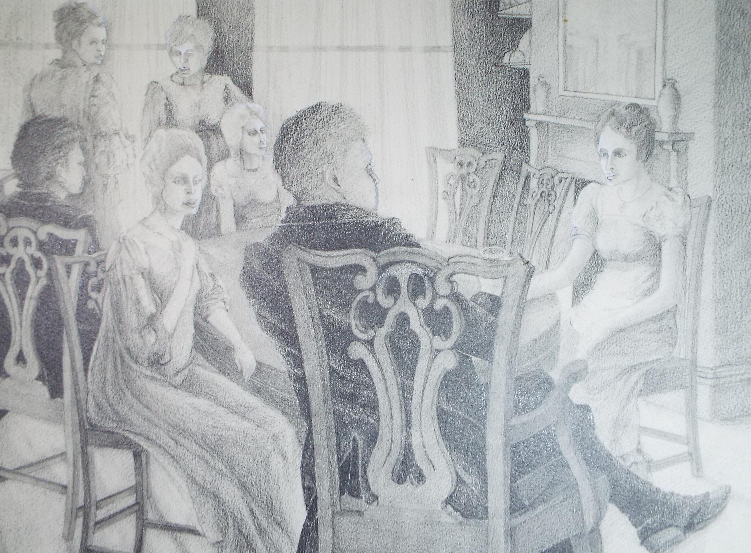 Original Pencil Drawing heightened with white,'Figures in the Dining Room', Edmund Caswell (1938-1996), circa 1980's
