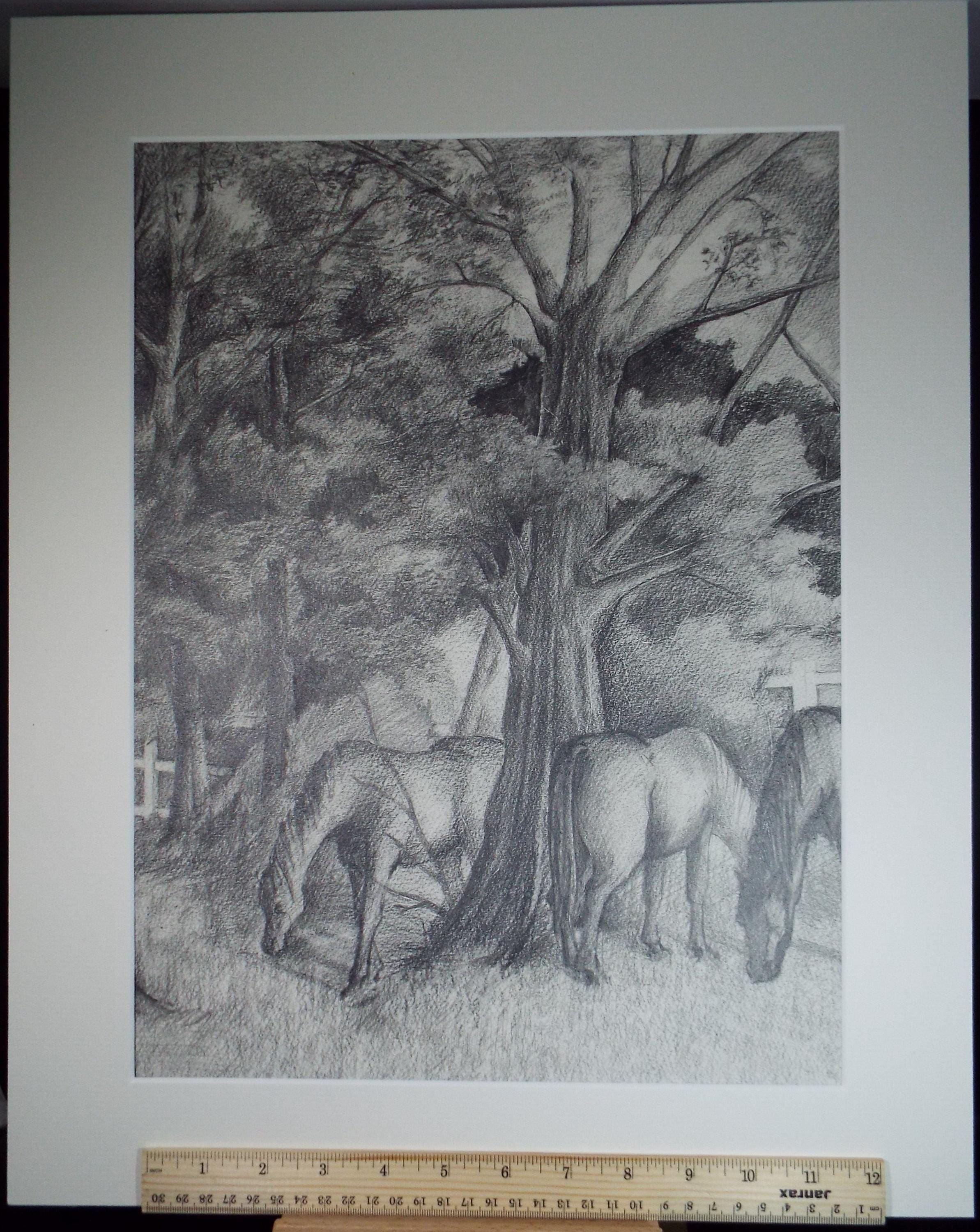 Original Pencil Drawing,'Horses Grazing', Edmund Caswell (1938-1996), circa 1980's