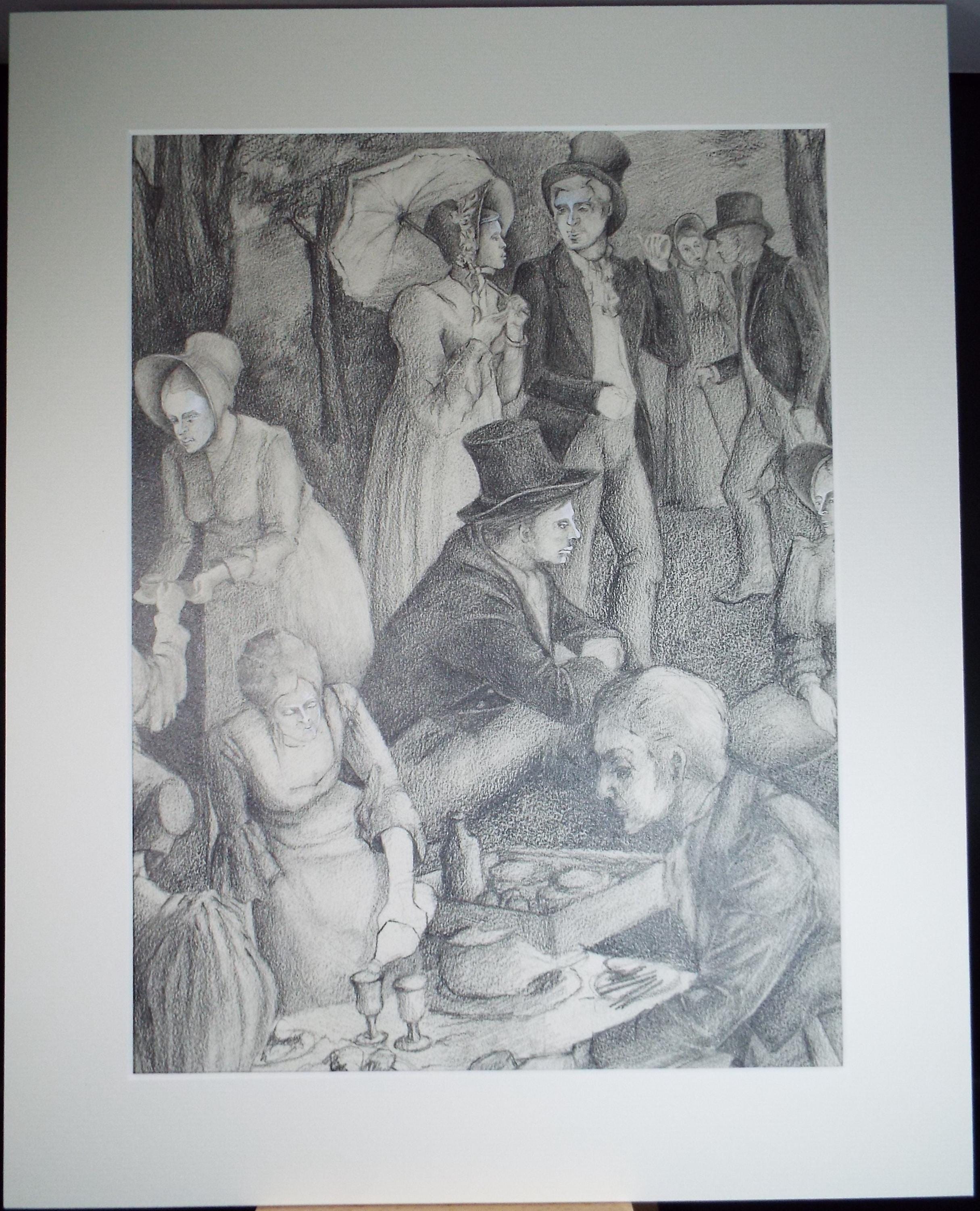 Original Pencil Drawing heightened with white,'Figures in the Park', Edmund Caswell (1938-1996), circa 1980's