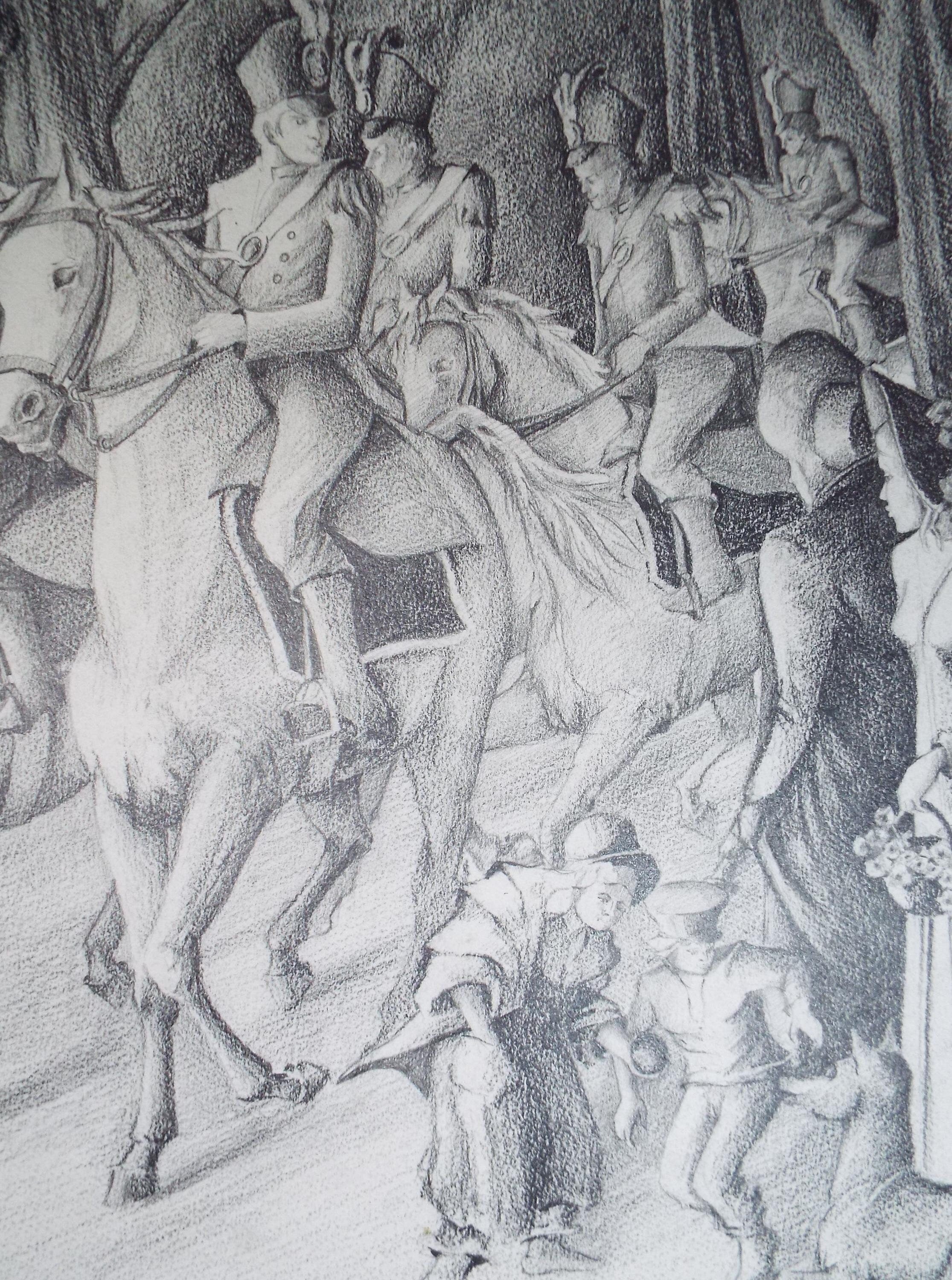 Original Pencil Drawing,'Soldiers on Horseback', Edmund Caswell (1938-1996), circa 1980's