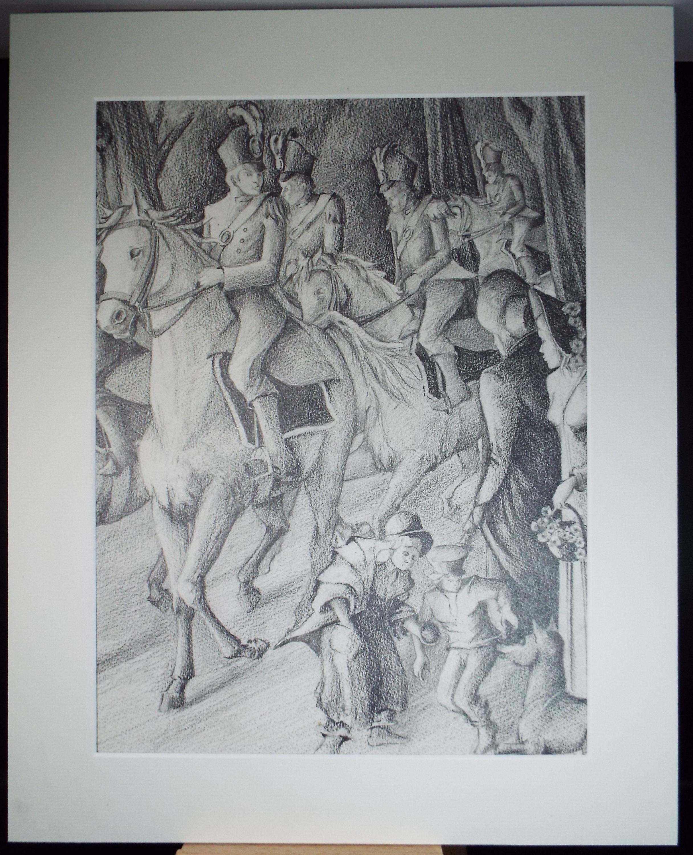 Original Pencil Drawing,'Soldiers on Horseback', Edmund Caswell (1938-1996), circa 1980's