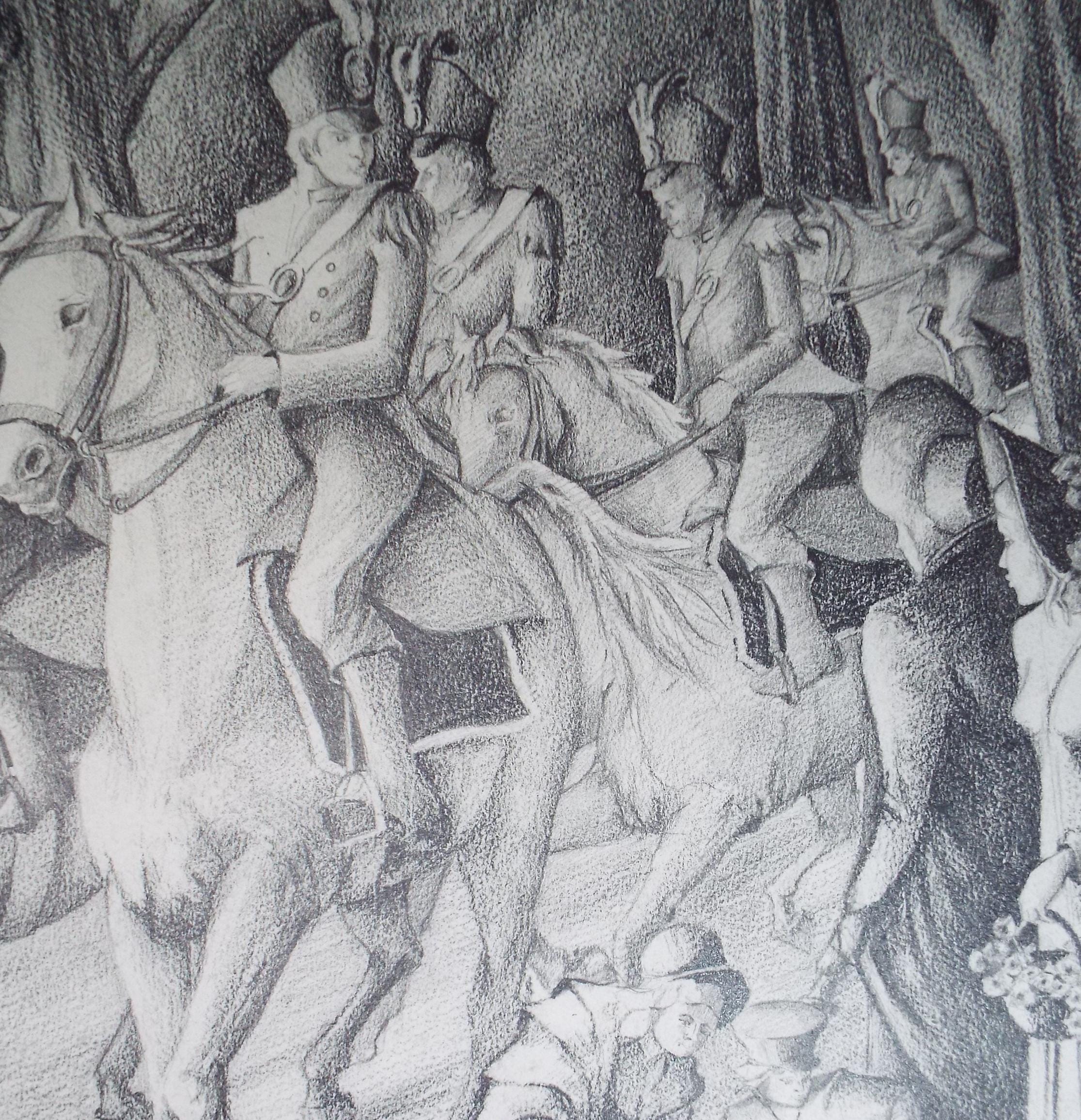 Original Pencil Drawing,'Soldiers on Horseback', Edmund Caswell (1938-1996), circa 1980's