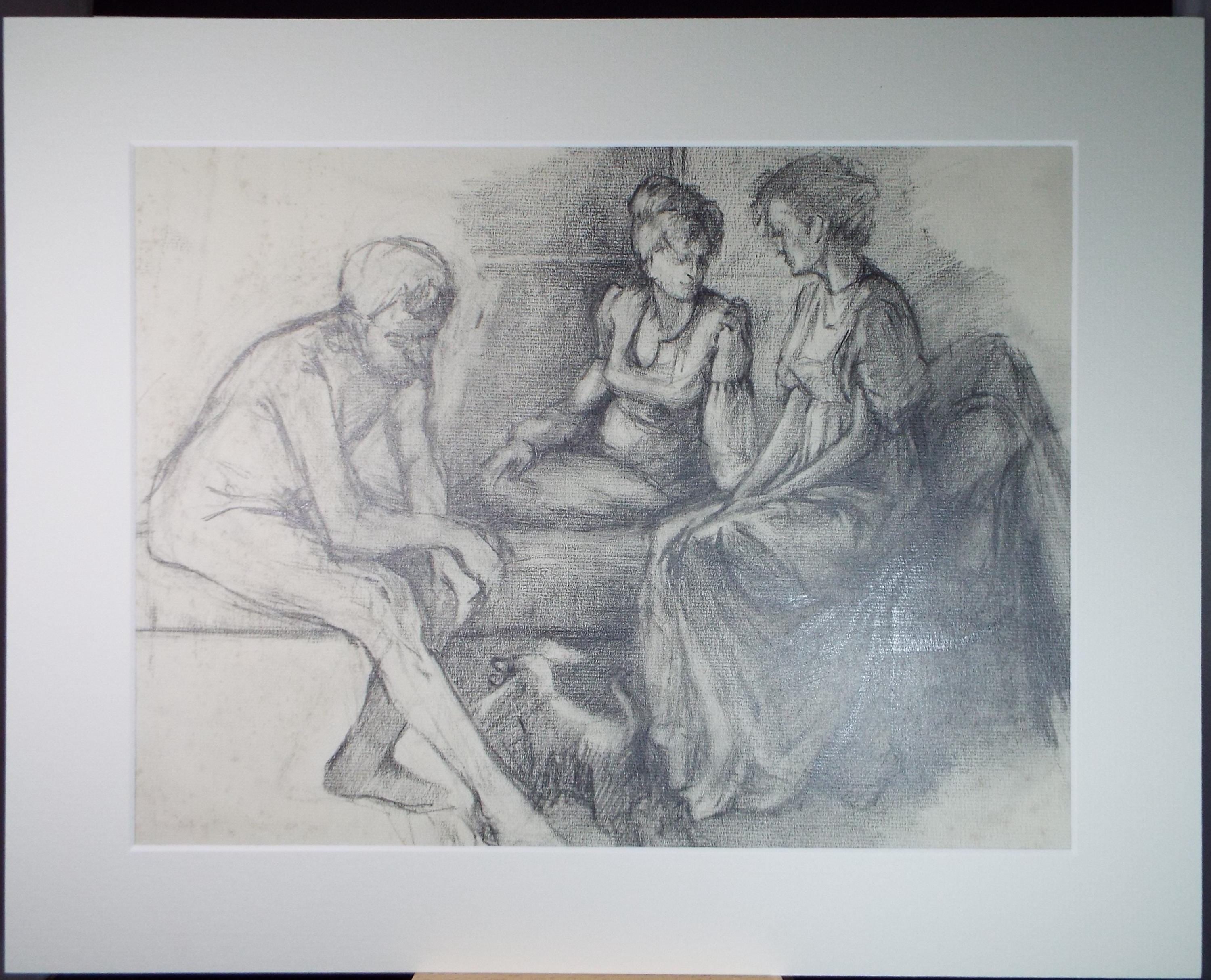 Original Pencil Drawing,'Figures on the Settee', Edmund Caswell (1938-1996), circa 1980's