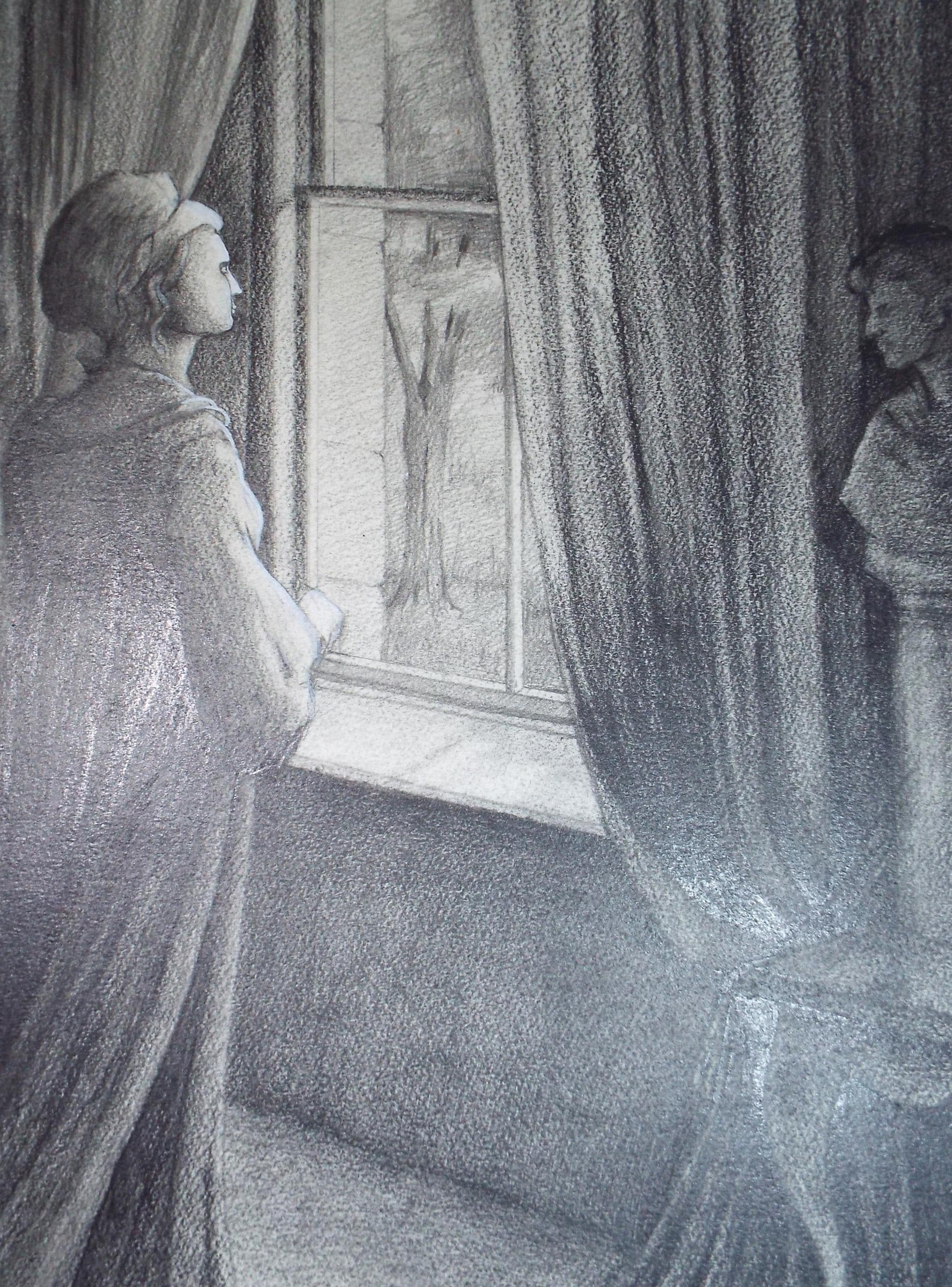 Original Pencil Drawing heightened with white,'Figure by the Window', Edmund Caswell (1938-1996), circa 1980's