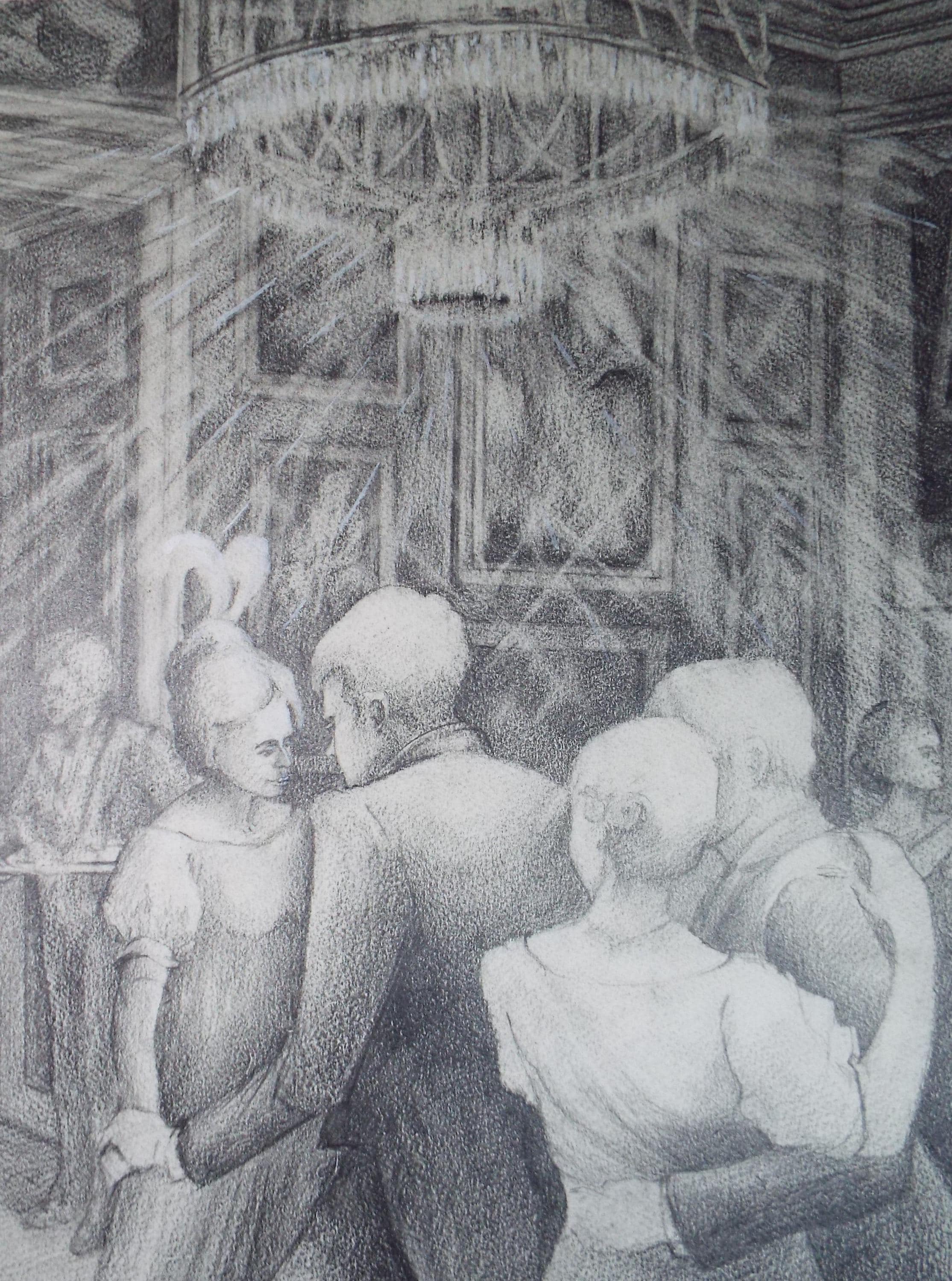 Original Pencil Drawing heightened with white,'In the Ballroom', Edmund Caswell (1938-1996), circa 1980's