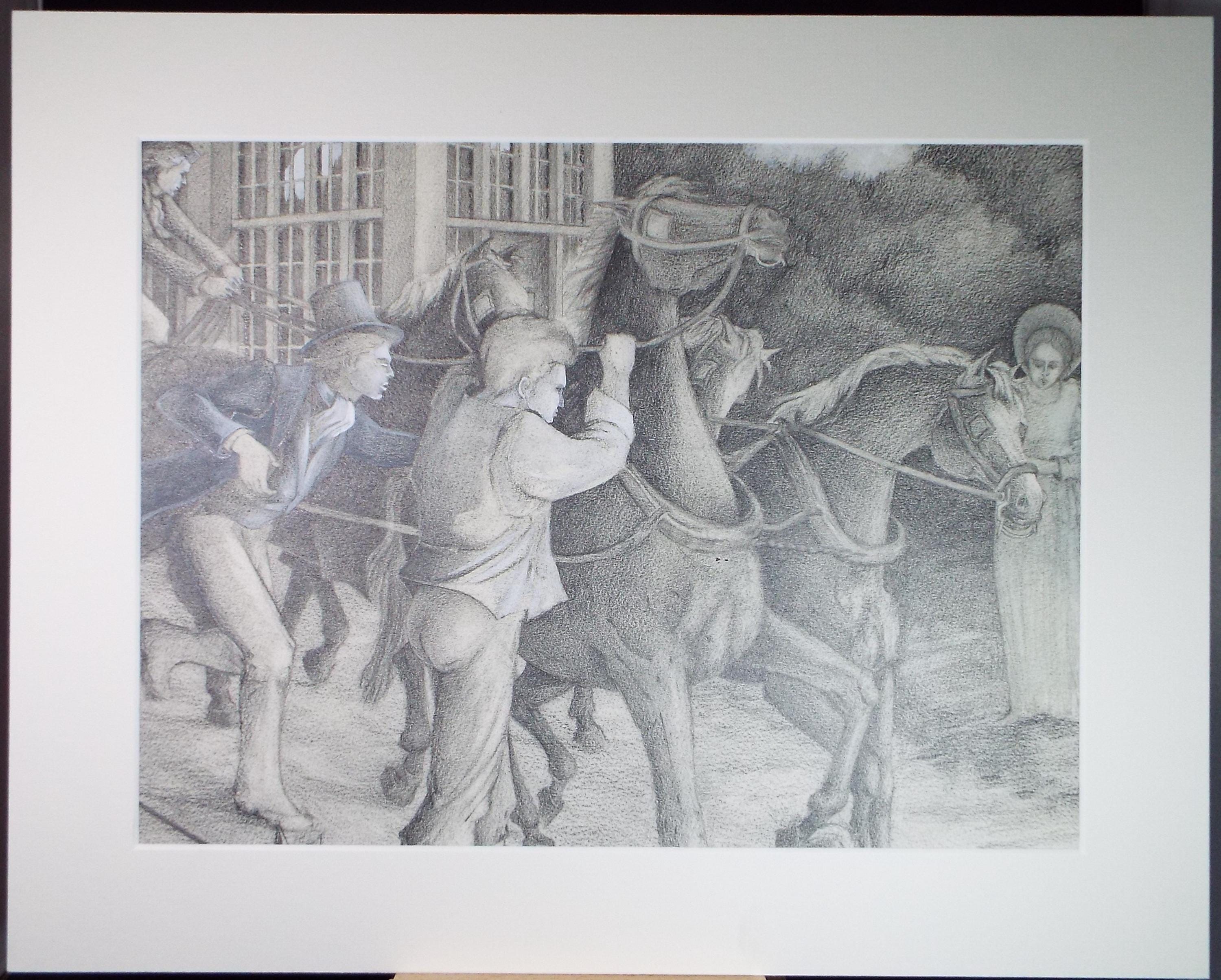 Original Pencil Drawing heightened with white,'Carriage with Figures', Edmund Caswell (1938-1996), circa 1980's