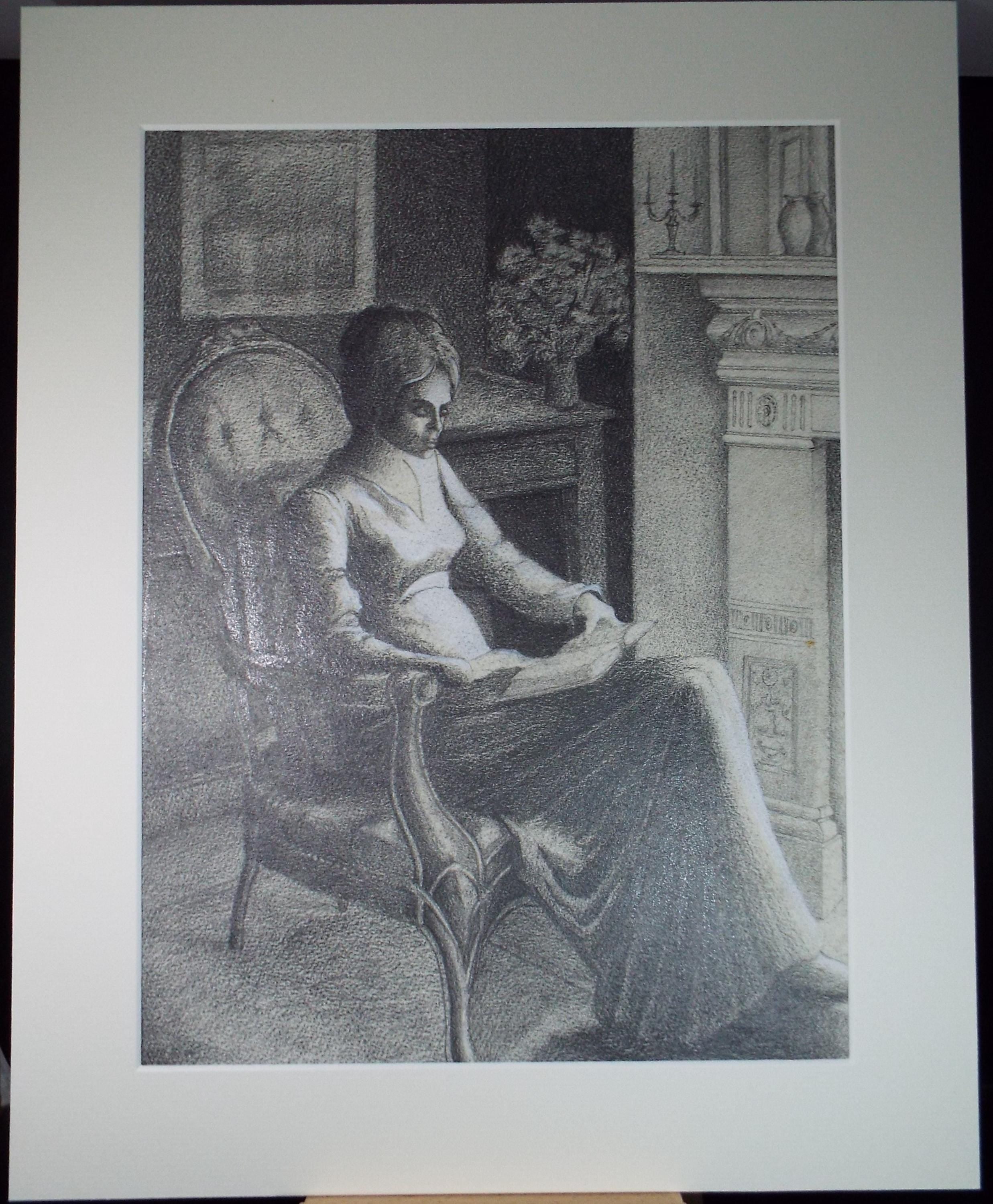 Original Pencil Drawing heightened with white,'Woman reading', Edmund Caswell (1938-1996), circa 1980's